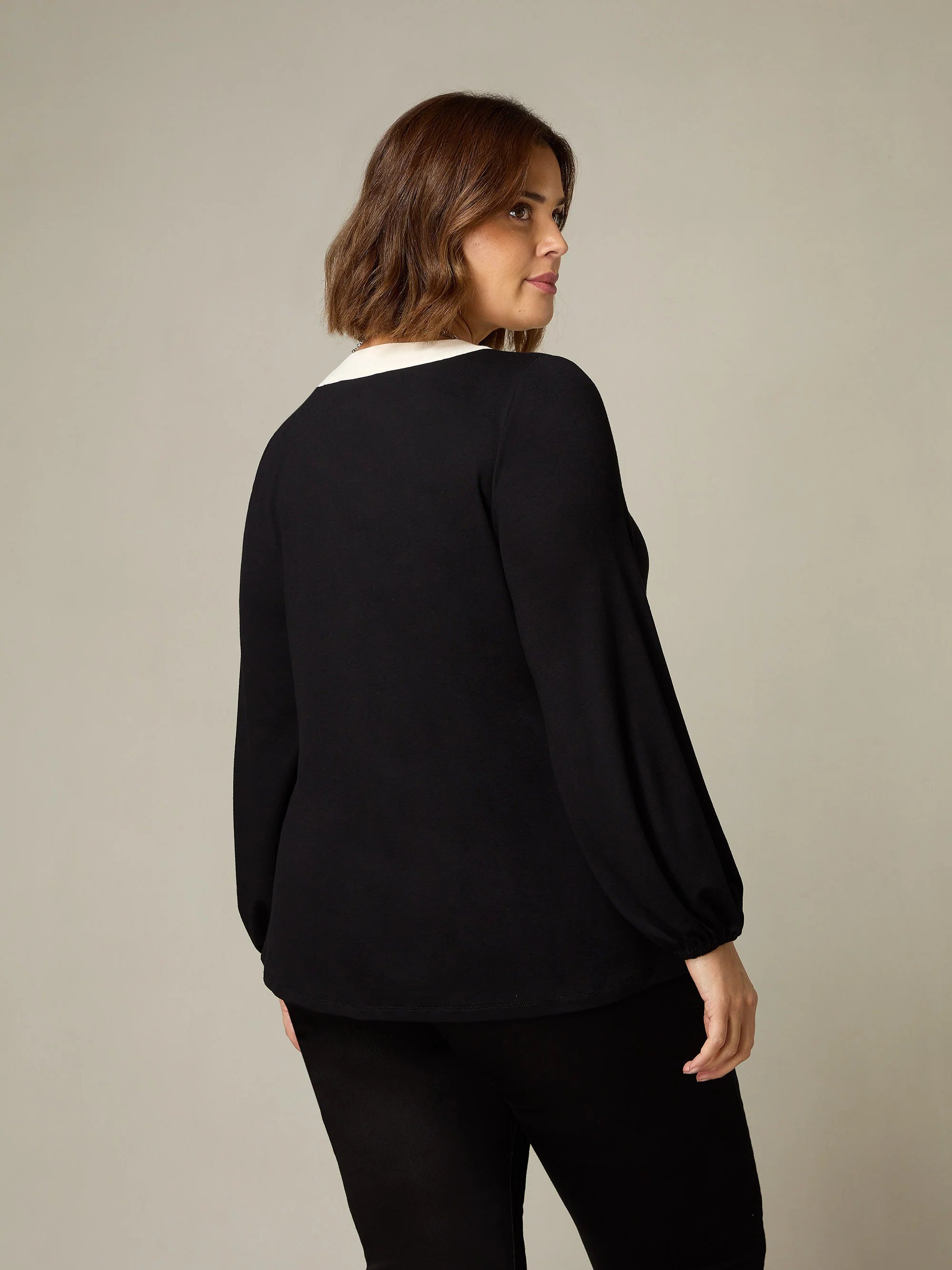 Black Jersey Contrast Placket Top - Image 3