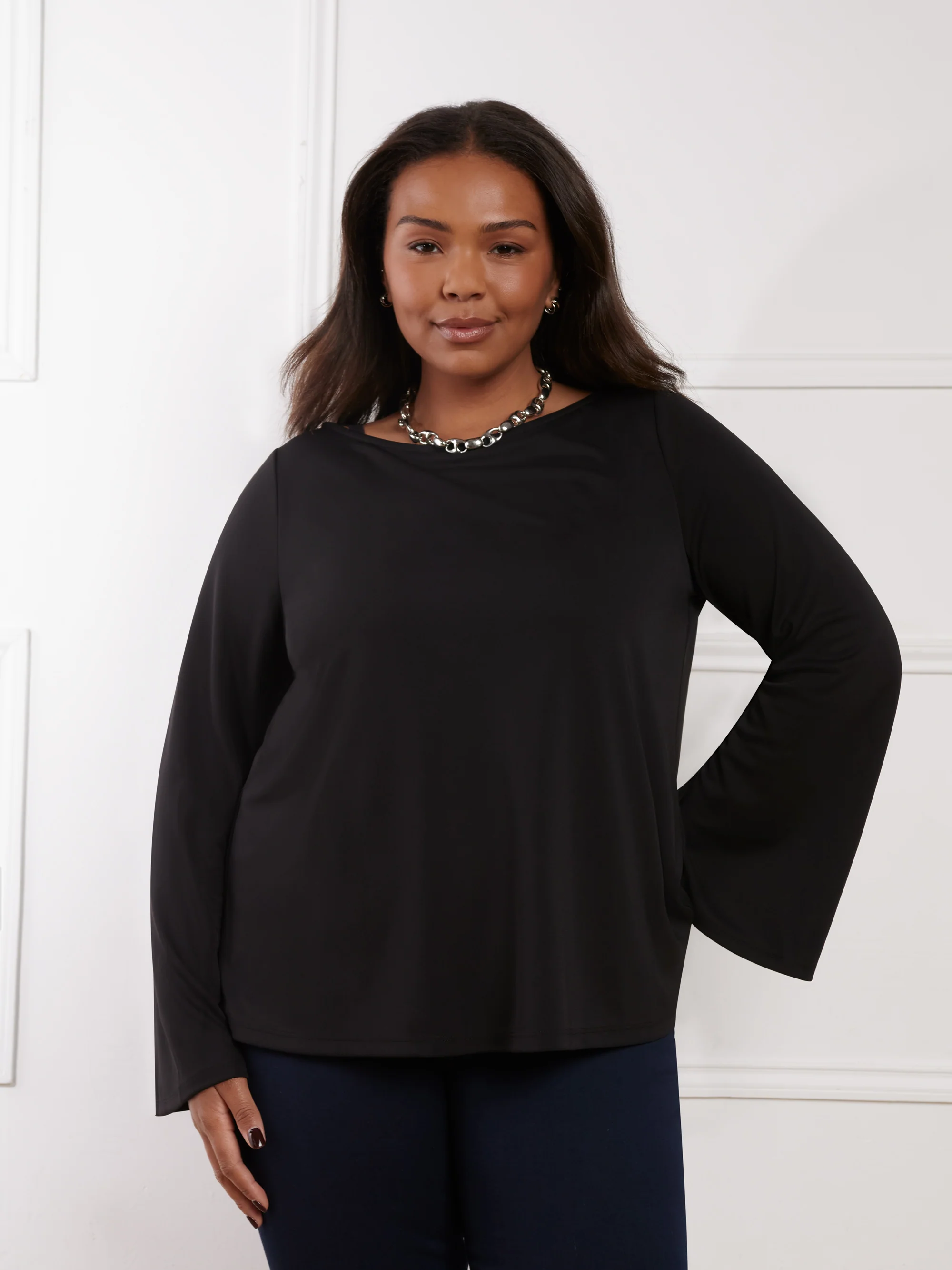 Black Jersey Flared Sleeve Top - Image 2