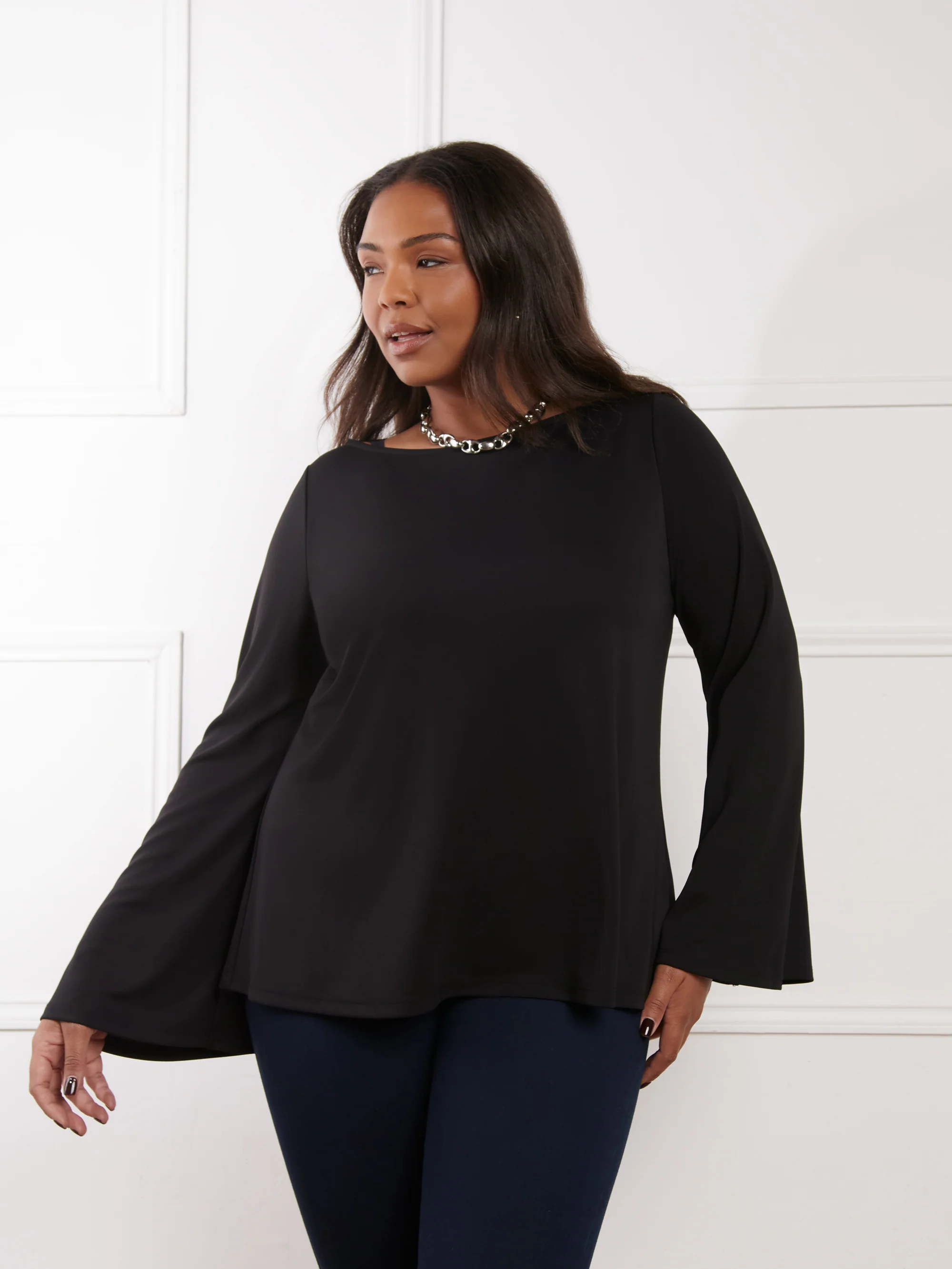 Black Jersey Flared Sleeve Top - Image 3