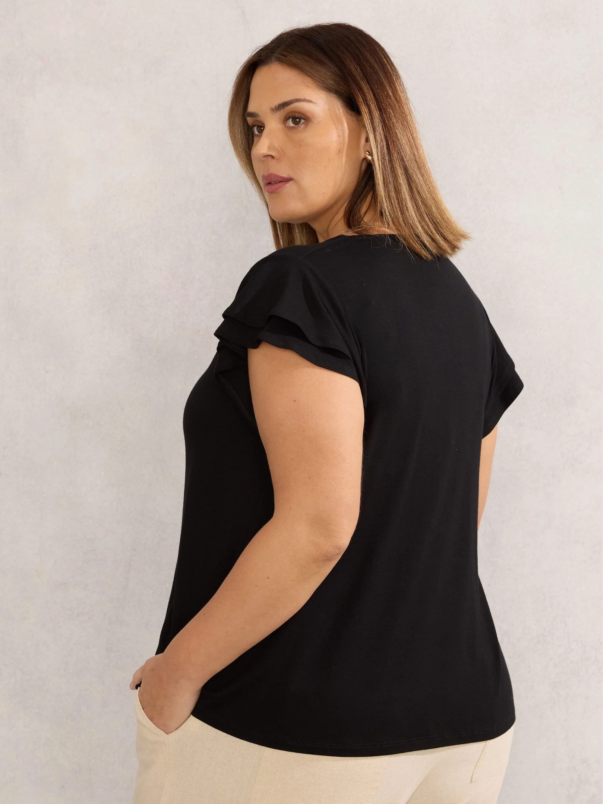 Black Jersey Flutter Sleeve Top - Image 3