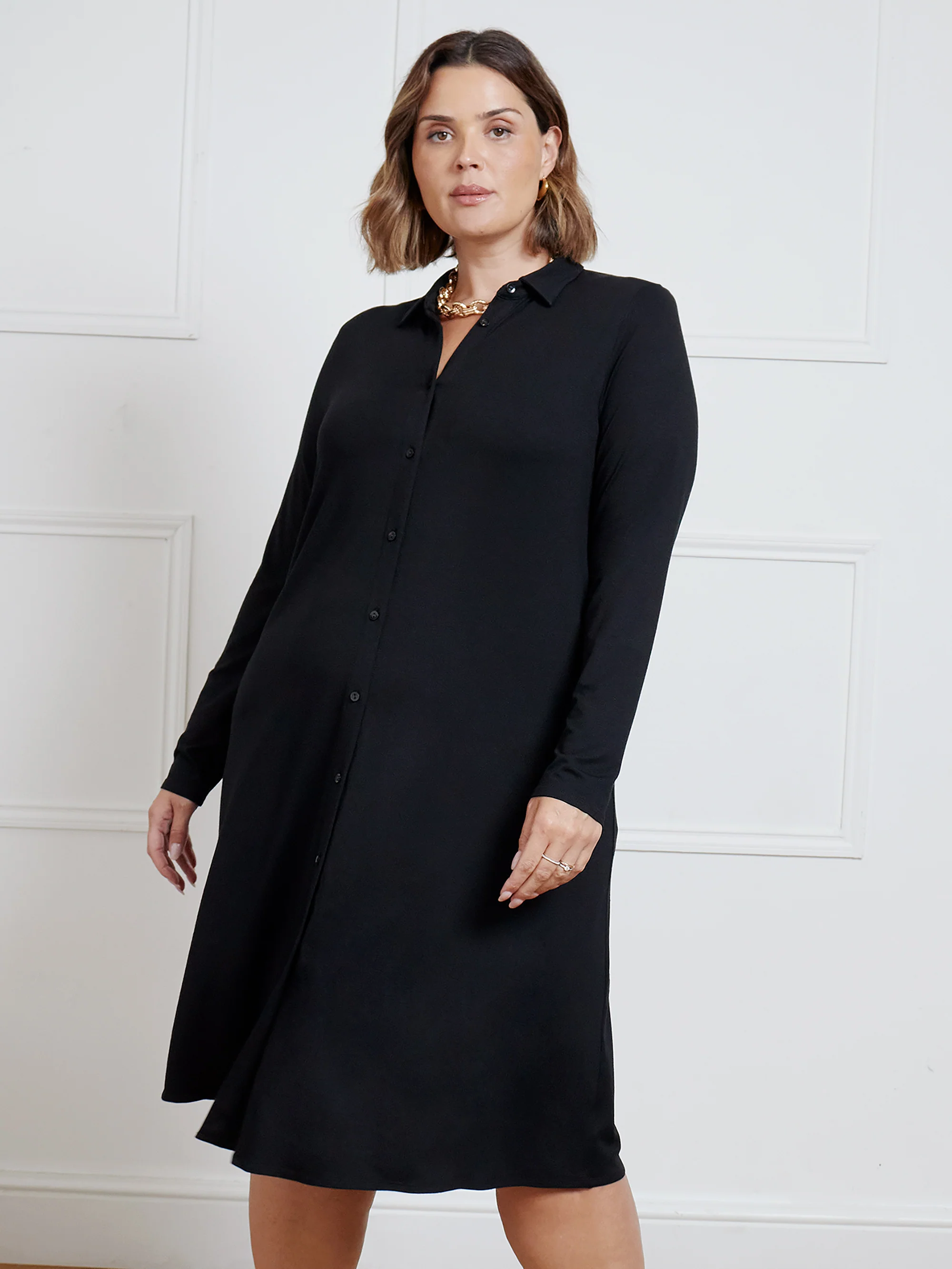 Black Jersey Long Sleeve Shirt Dress - Image 2