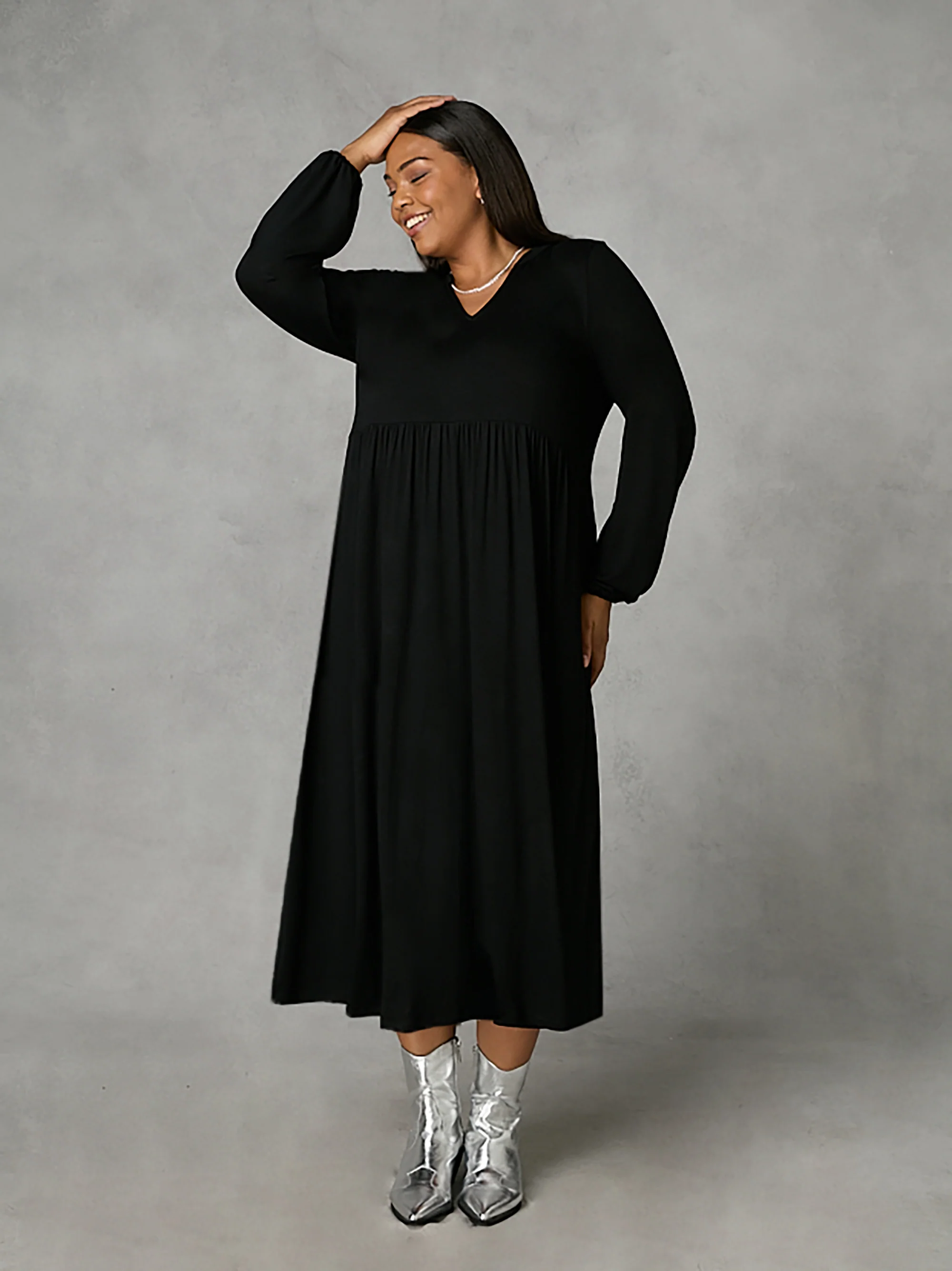 Black Jersey Nehru Collar Relaxed Dress - Image 2