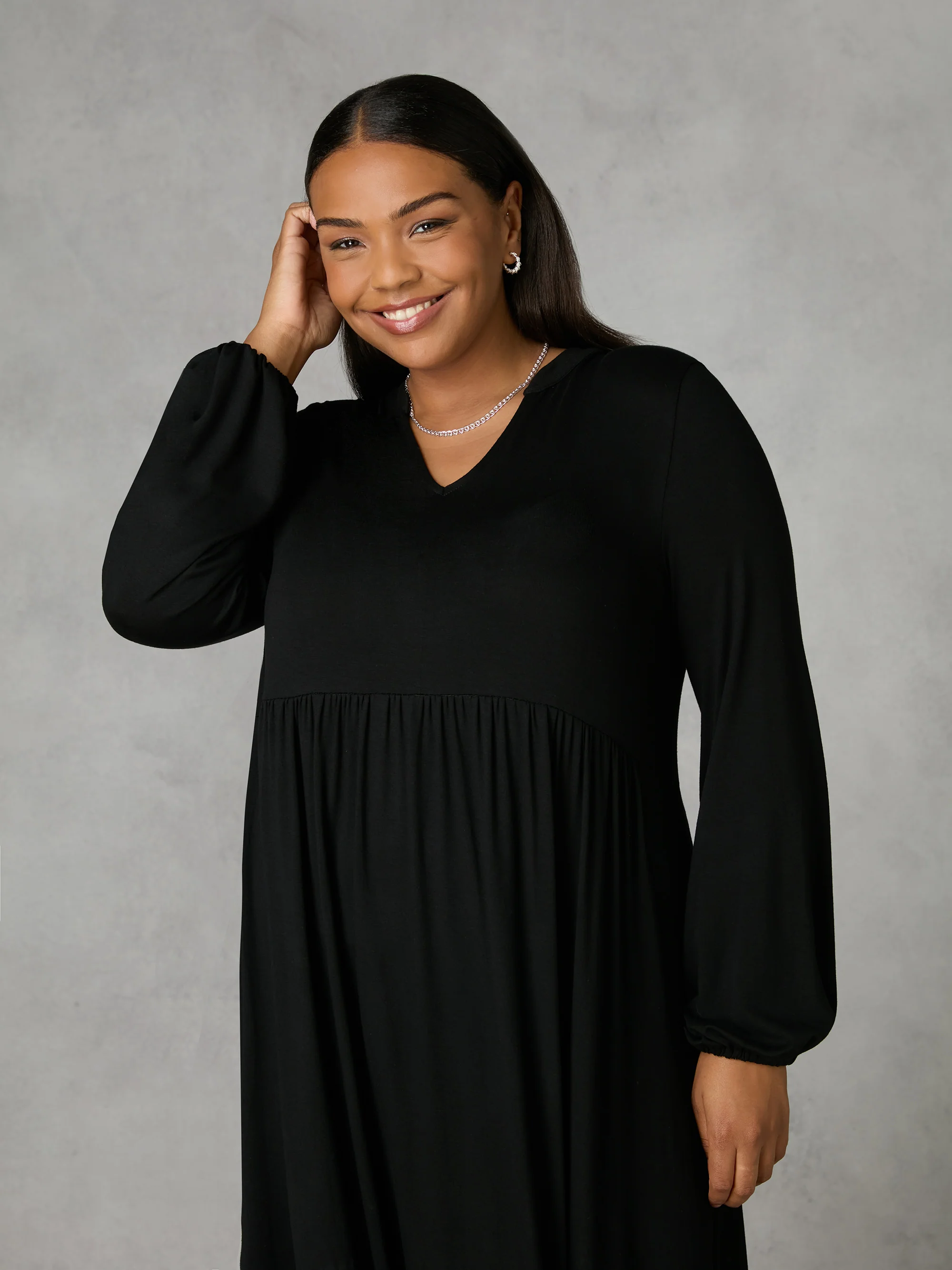 Black Jersey Nehru Collar Relaxed Dress - Image 3