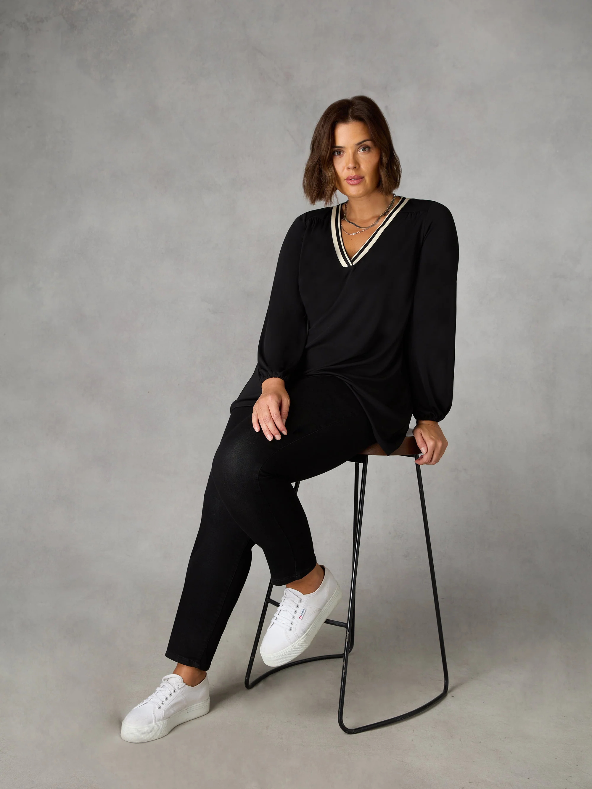 Black Jersey Stripe Trim Top - Image 3