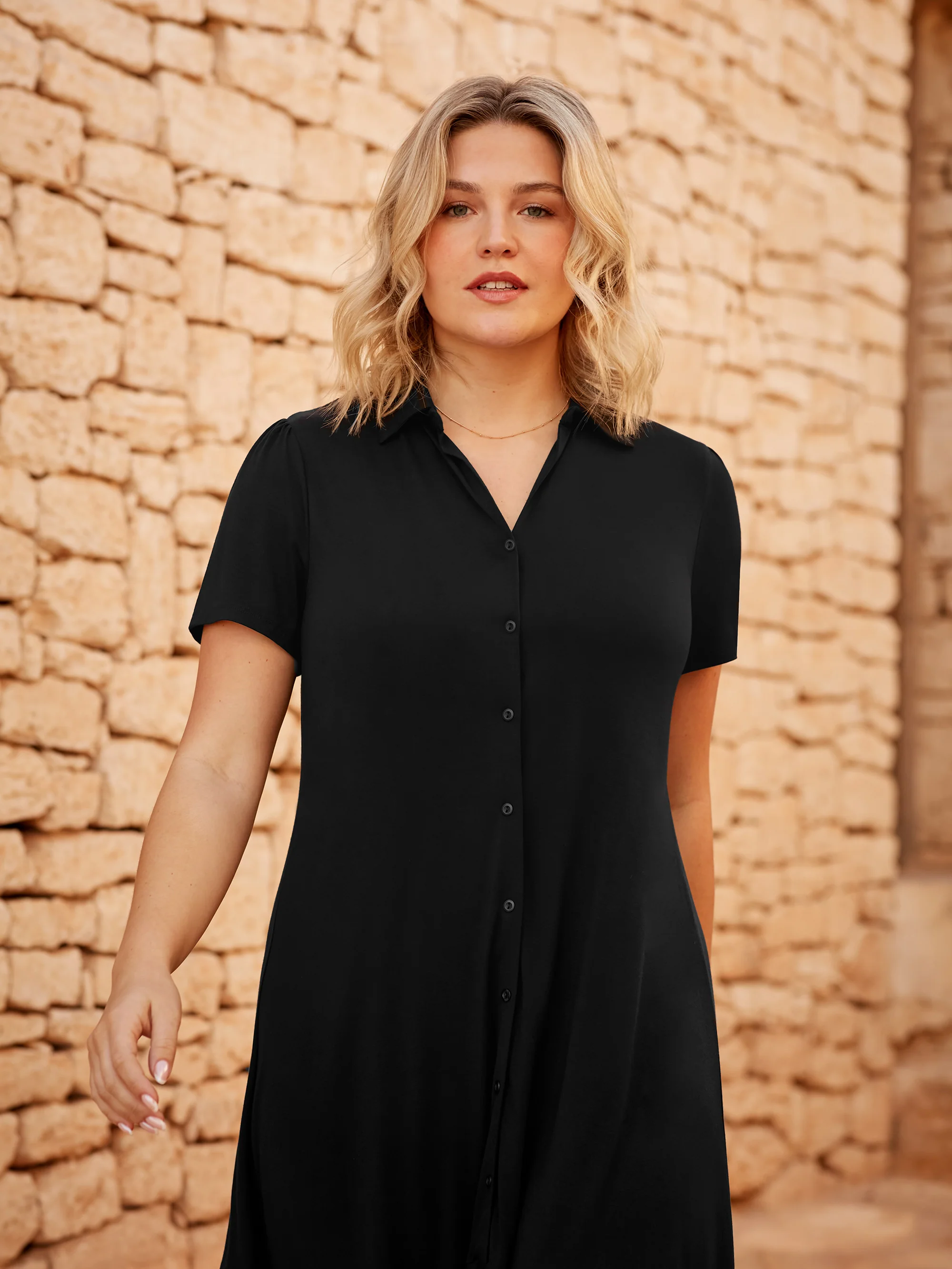 Black Jersey Tiered Midi Shirt Dress - Image 2