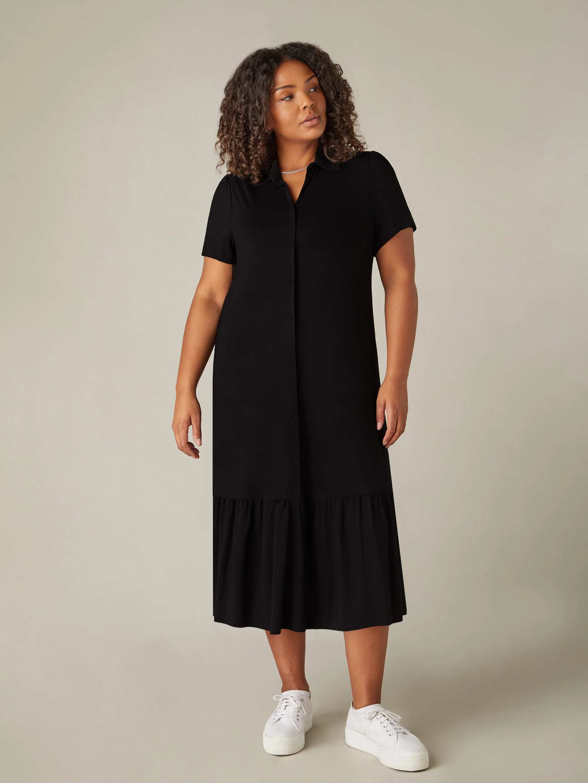 Black Jersey Tiered Midi Shirt Dress - Image 3