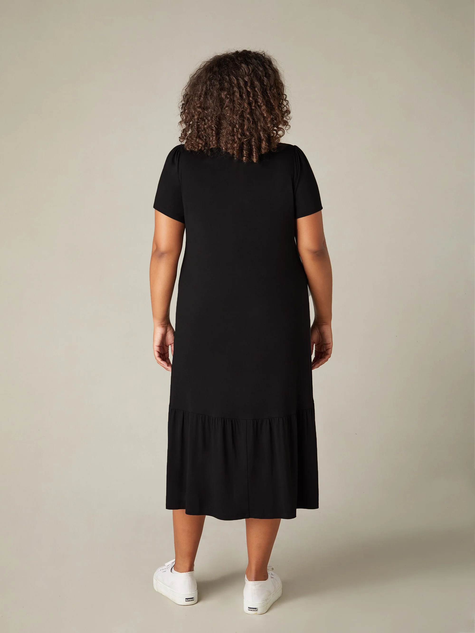 Black Jersey Tiered Midi Shirt Dress - Image 5