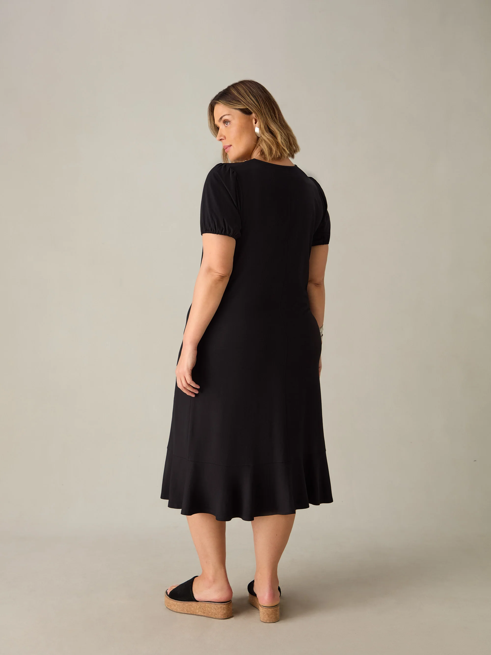 Black Jersey V-Neck Flute Hem Midi Dress - Image 3