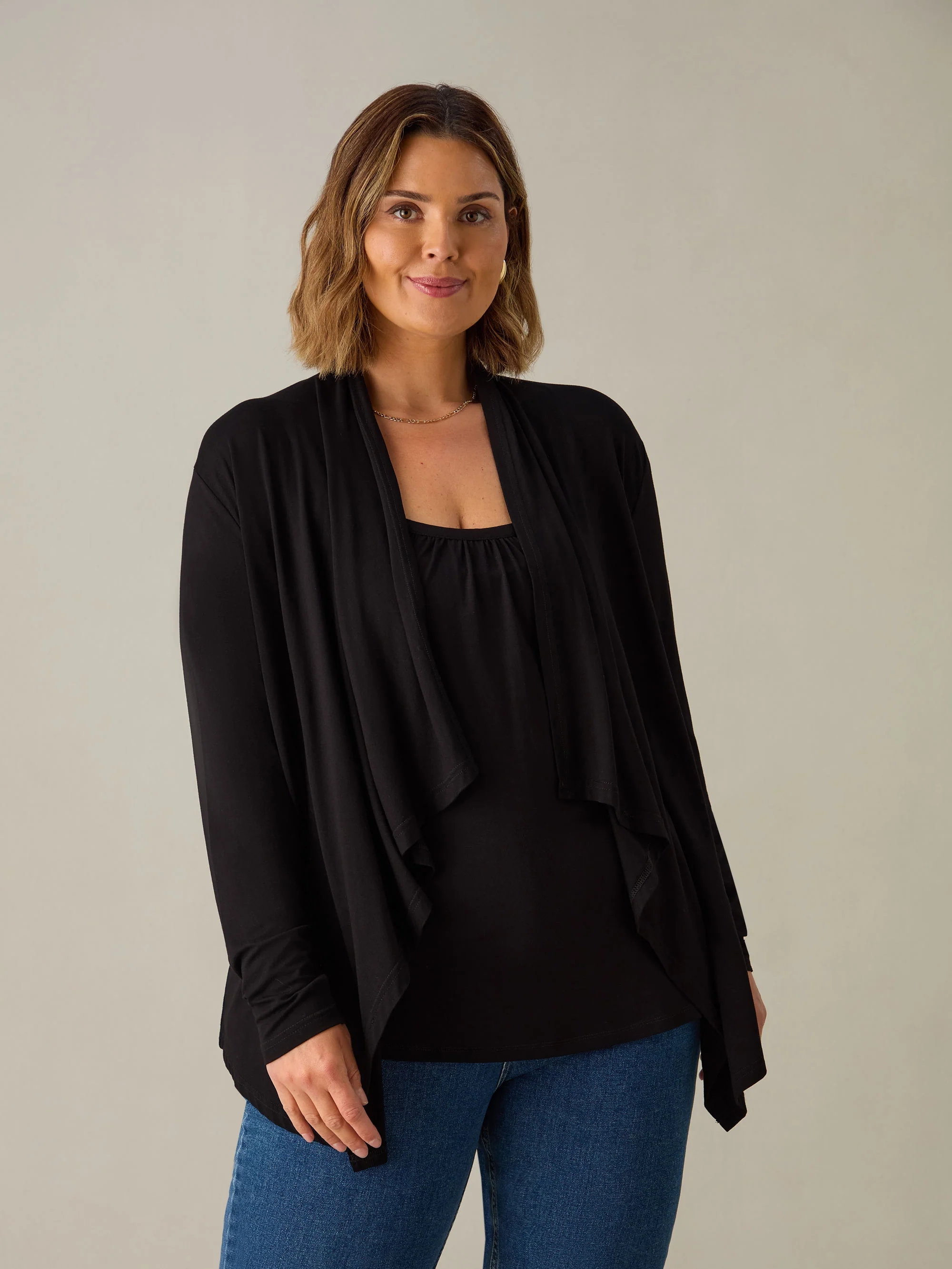 Petite Black Jersey Waterfall Cardigan - Image 3