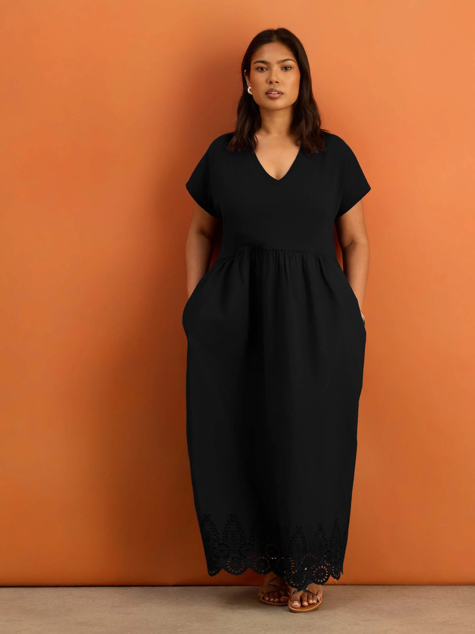 Black Jersey Woven Mix Broderie Maxi Dress - Image 2