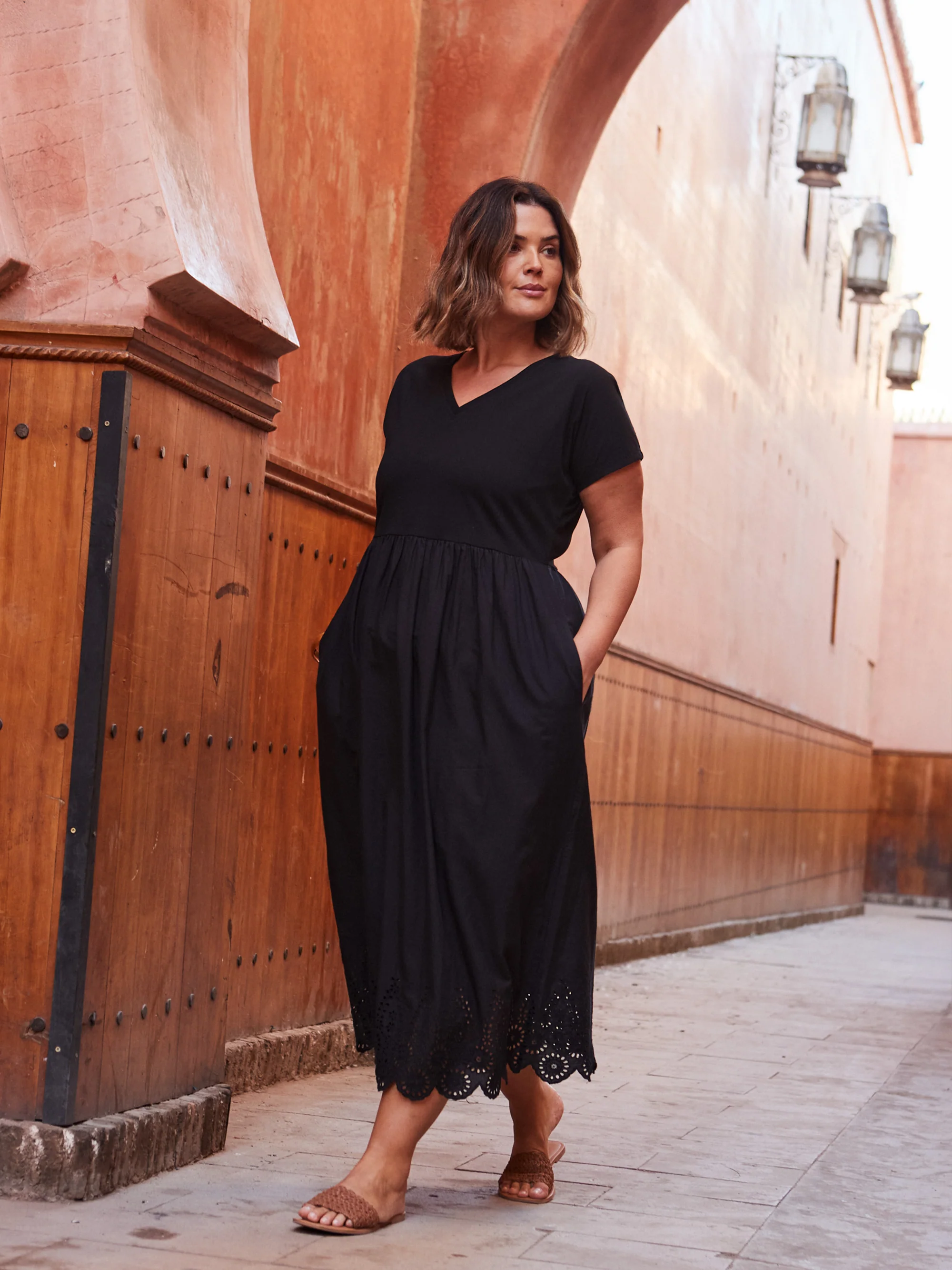 Black Jersey Woven Mix T-Shirt Dress - Image 2