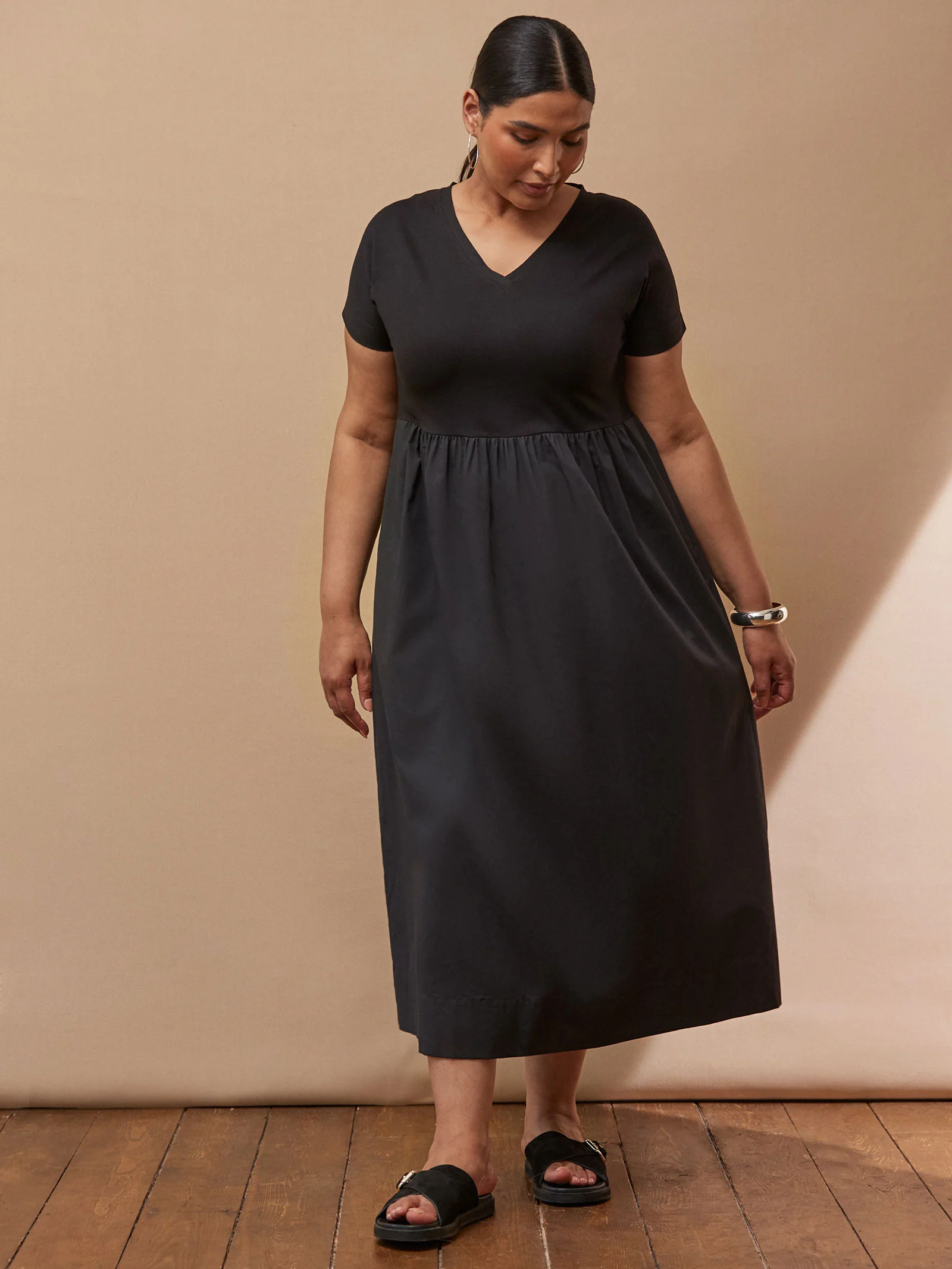 Black Jersey Woven Mix T-Shirt Dress - Image 2