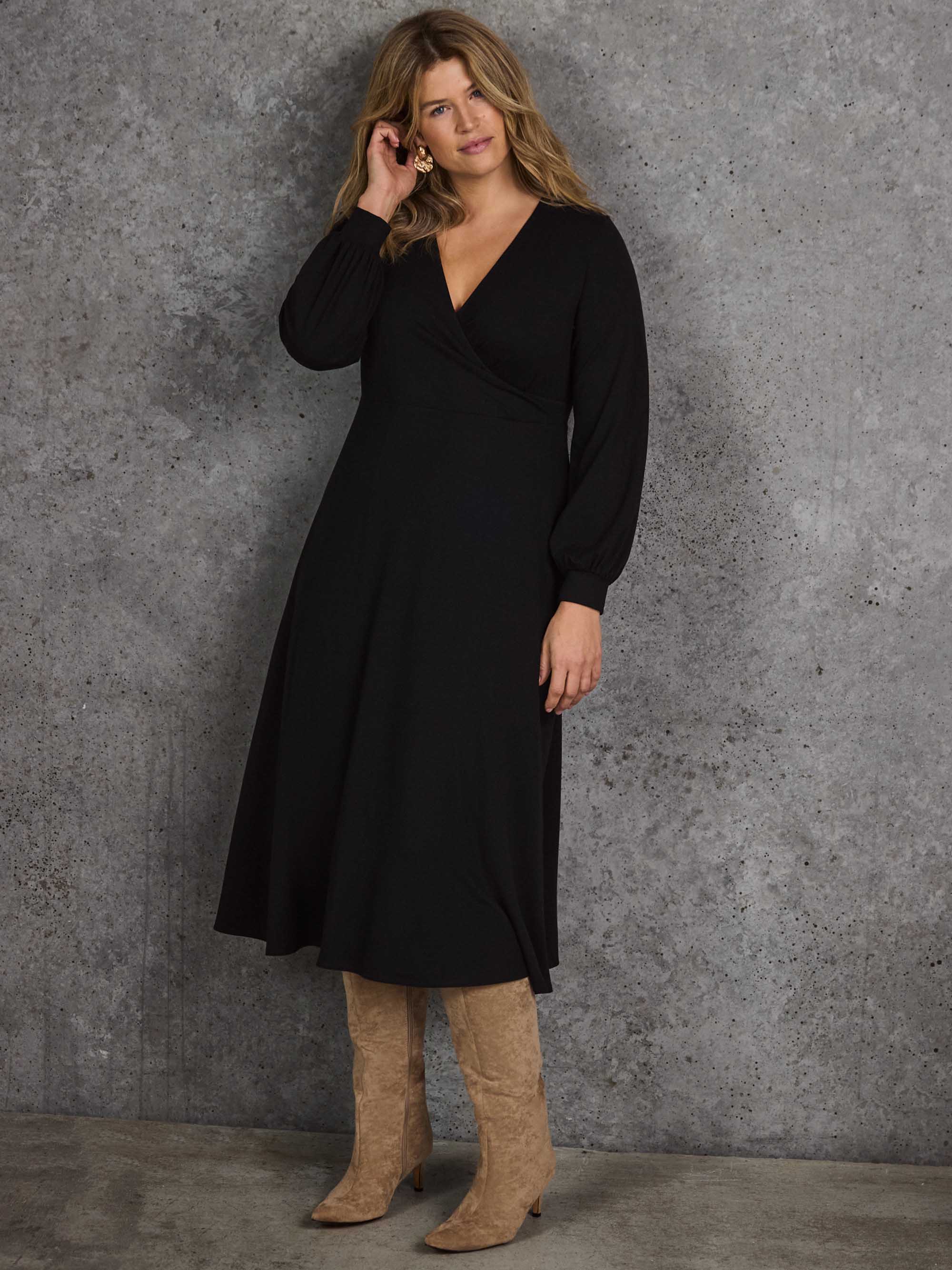 Black Jersey Wrap Midi Dress with Blouson Sleeves - Image 2