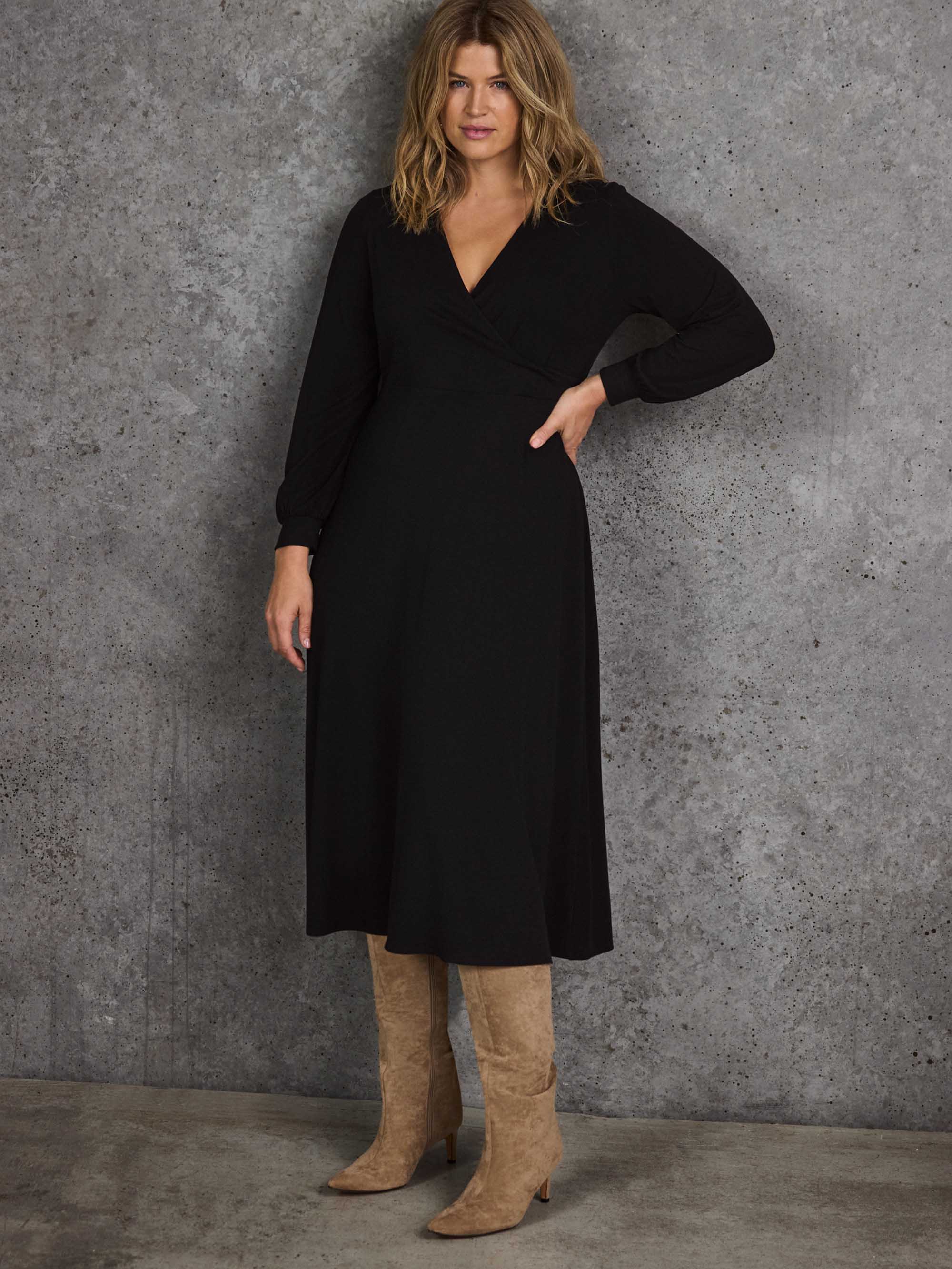 Black Jersey Wrap Midi Dress with Blouson Sleeves - Image 3