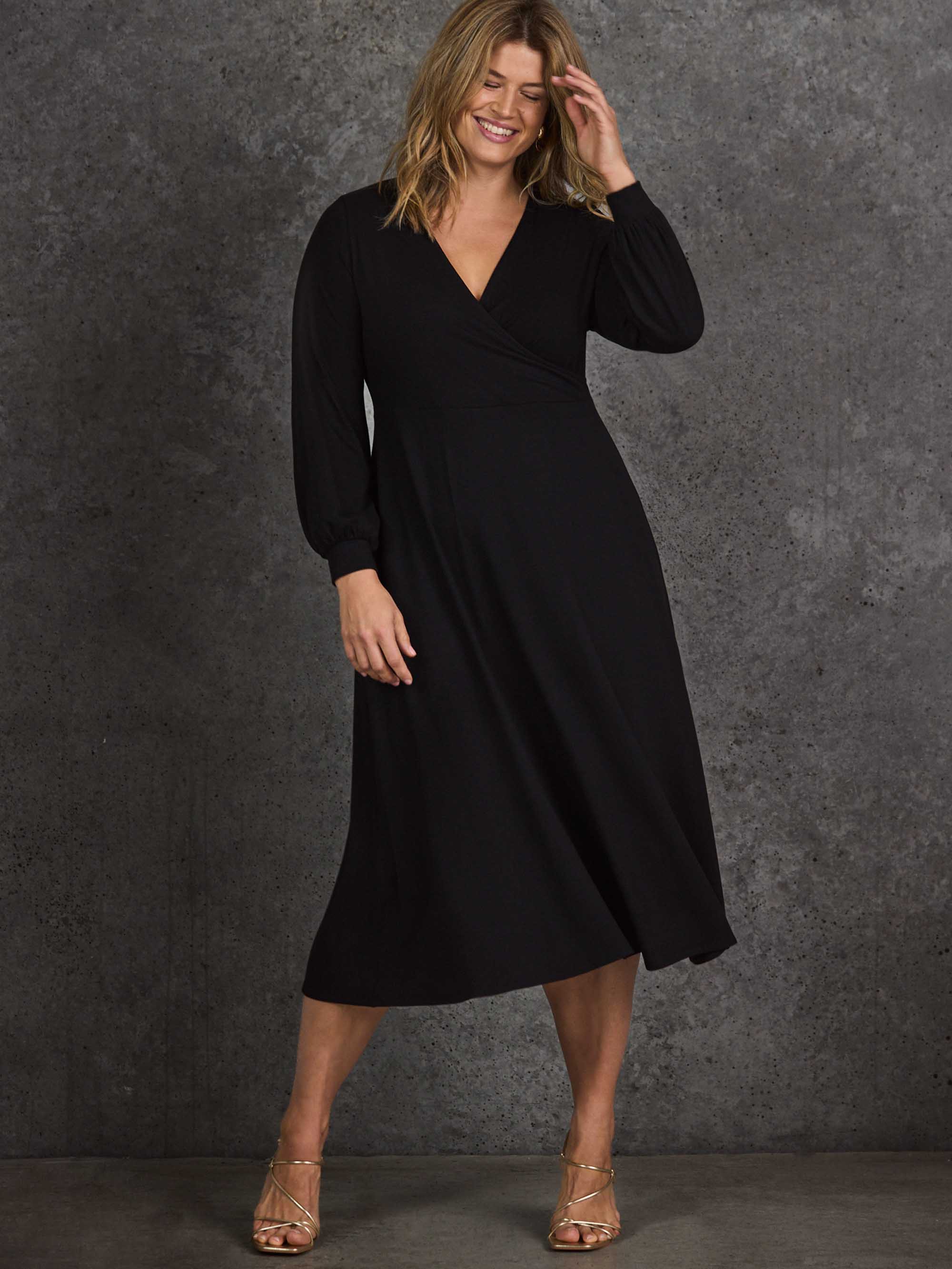 Black Jersey Wrap Midi Dress with Blouson Sleeves - Image 4