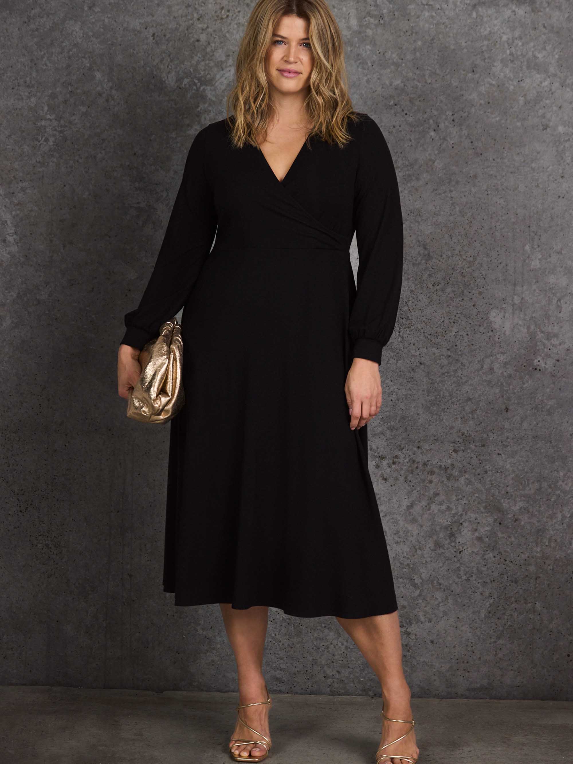Black Jersey Wrap Midi Dress with Blouson Sleeves - Image 5
