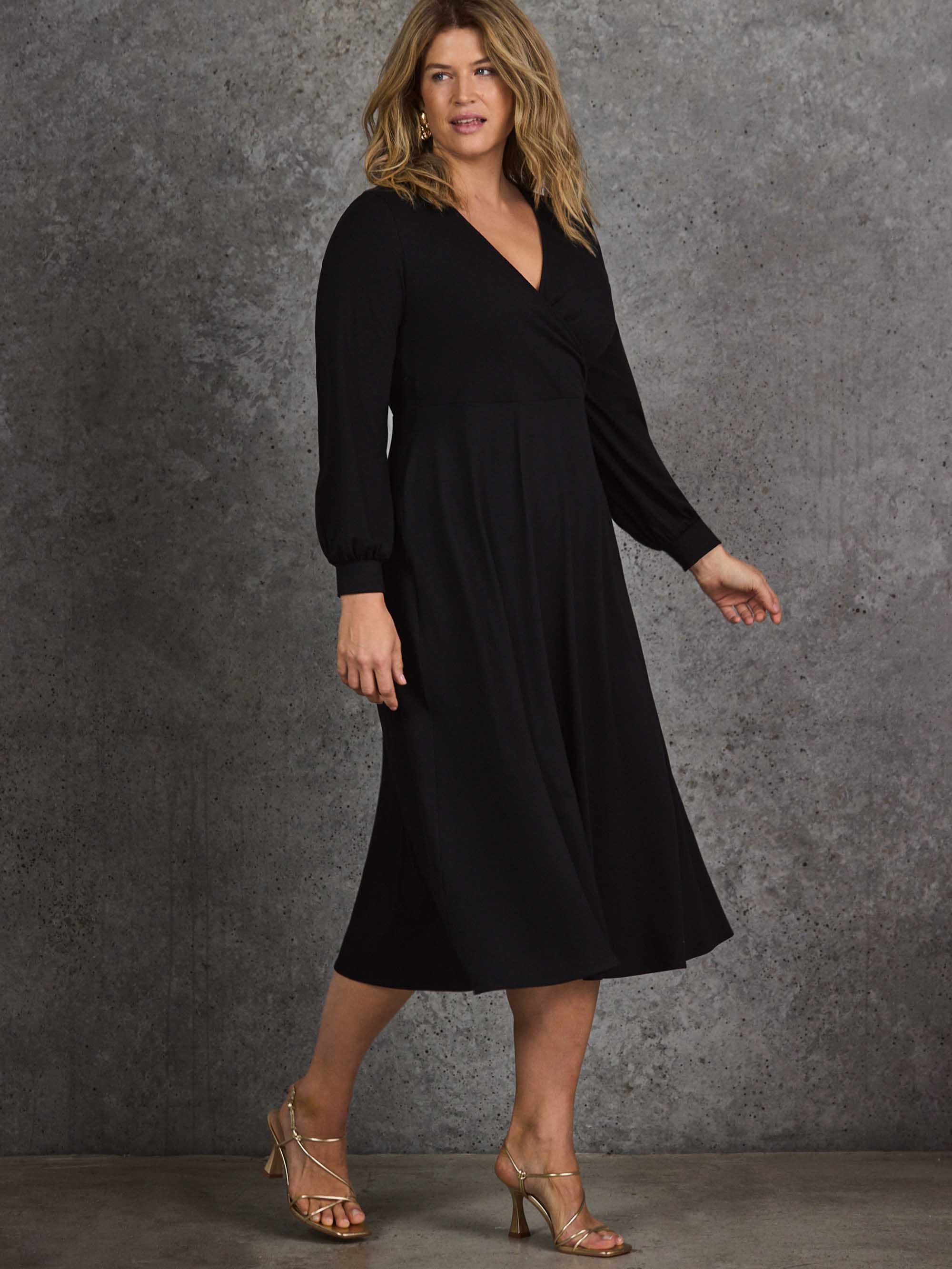 Black Jersey Wrap Midi Dress with Blouson Sleeves - Image 6