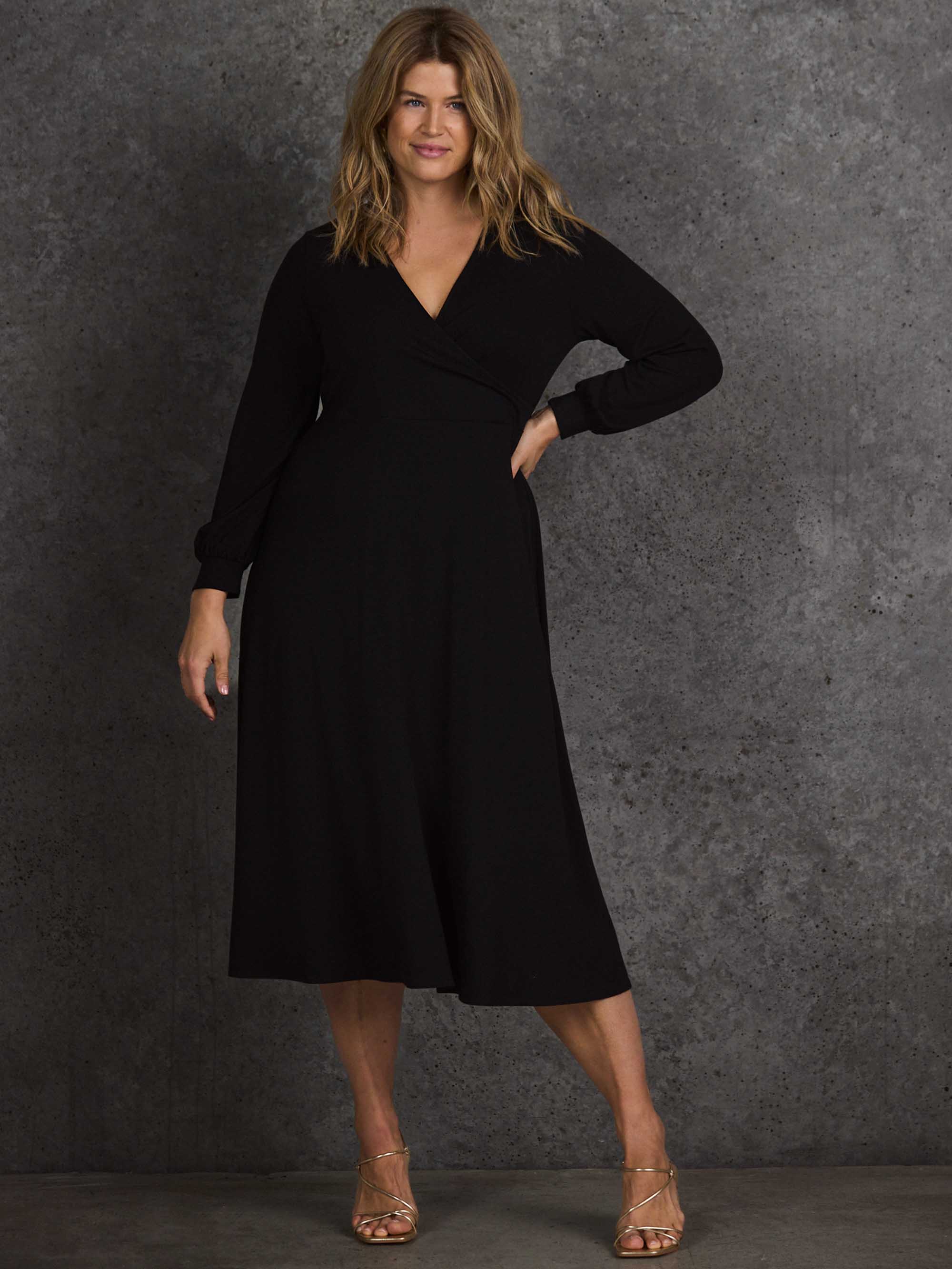 Black Jersey Wrap Midi Dress with Blouson Sleeves - Image 7