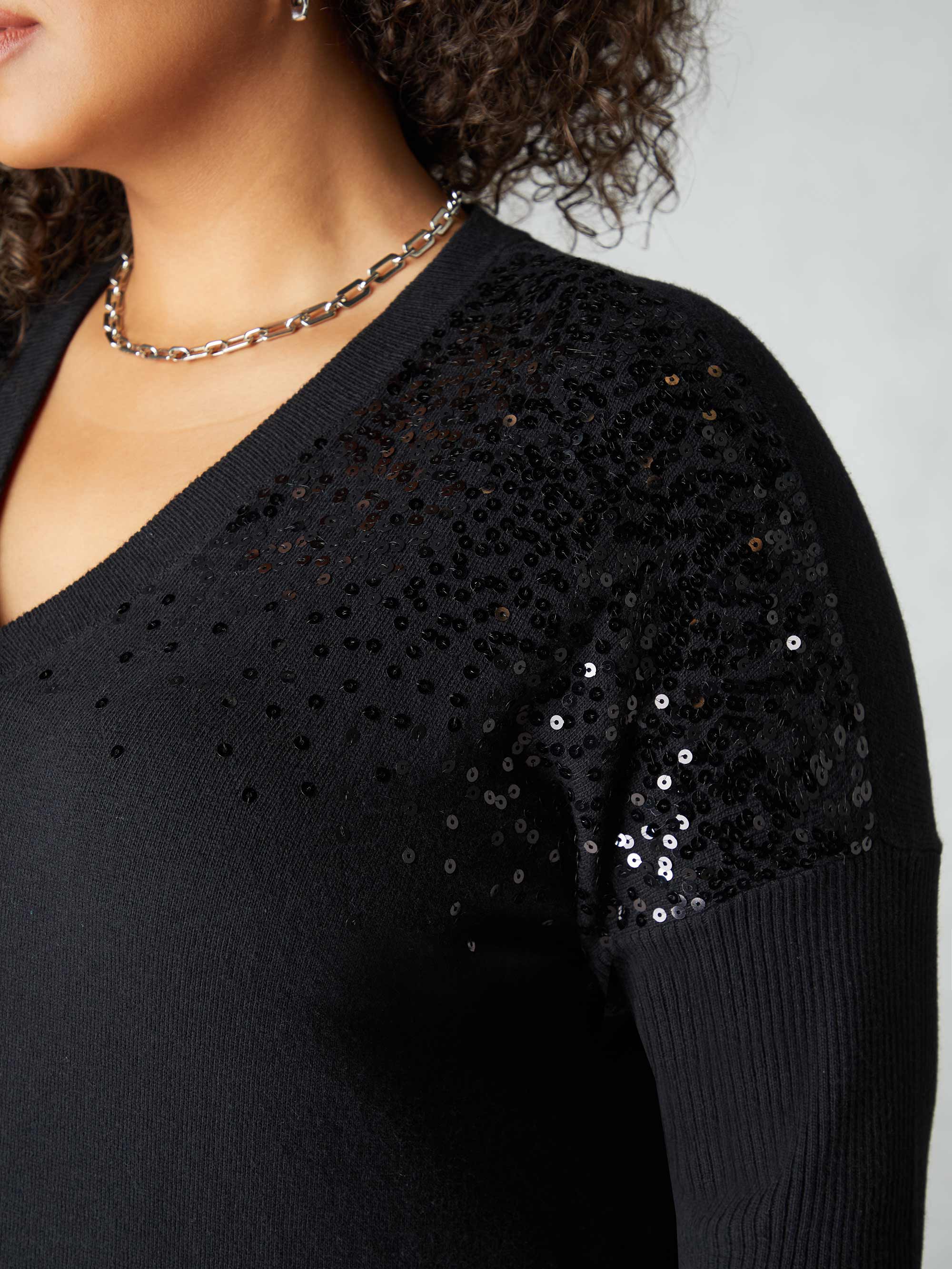Black Knitted Sequin V-Neck Dress - Image 2