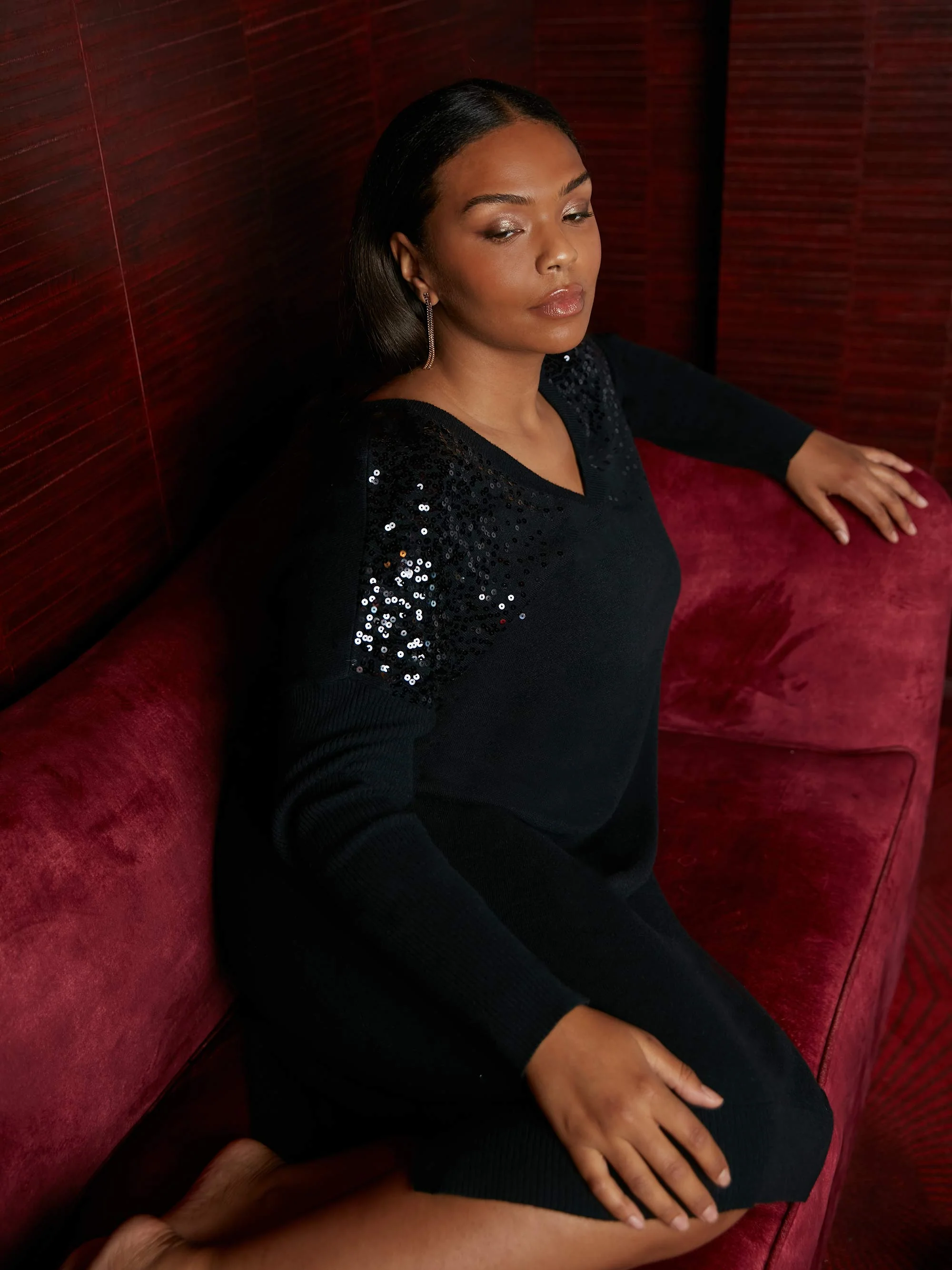 Black Knitted Sequin V-Neck Dress - Image 3