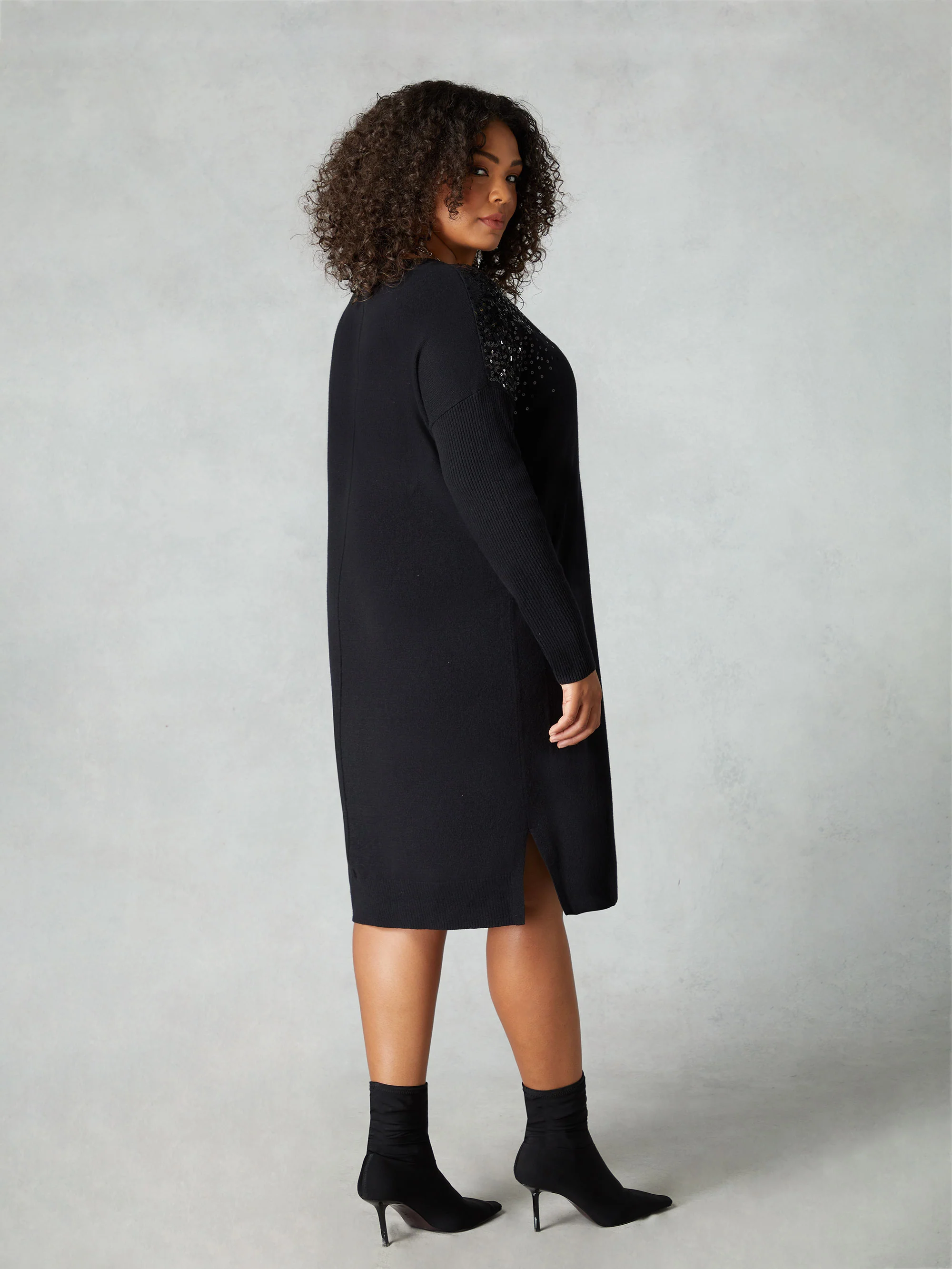 Black Knitted Sequin V-Neck Dress - Image 4