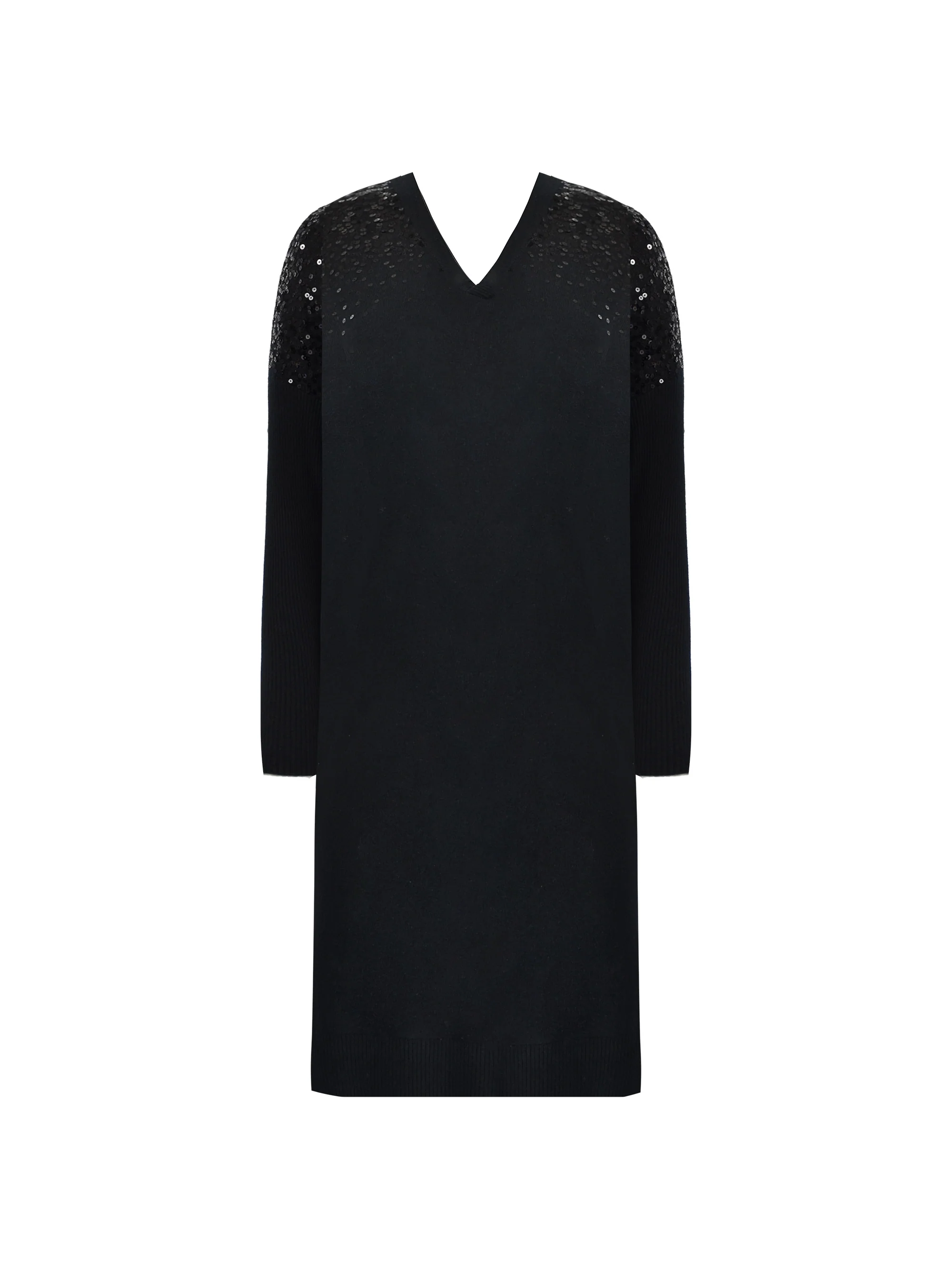 Black Knitted Sequin V-Neck Dress - Image 5