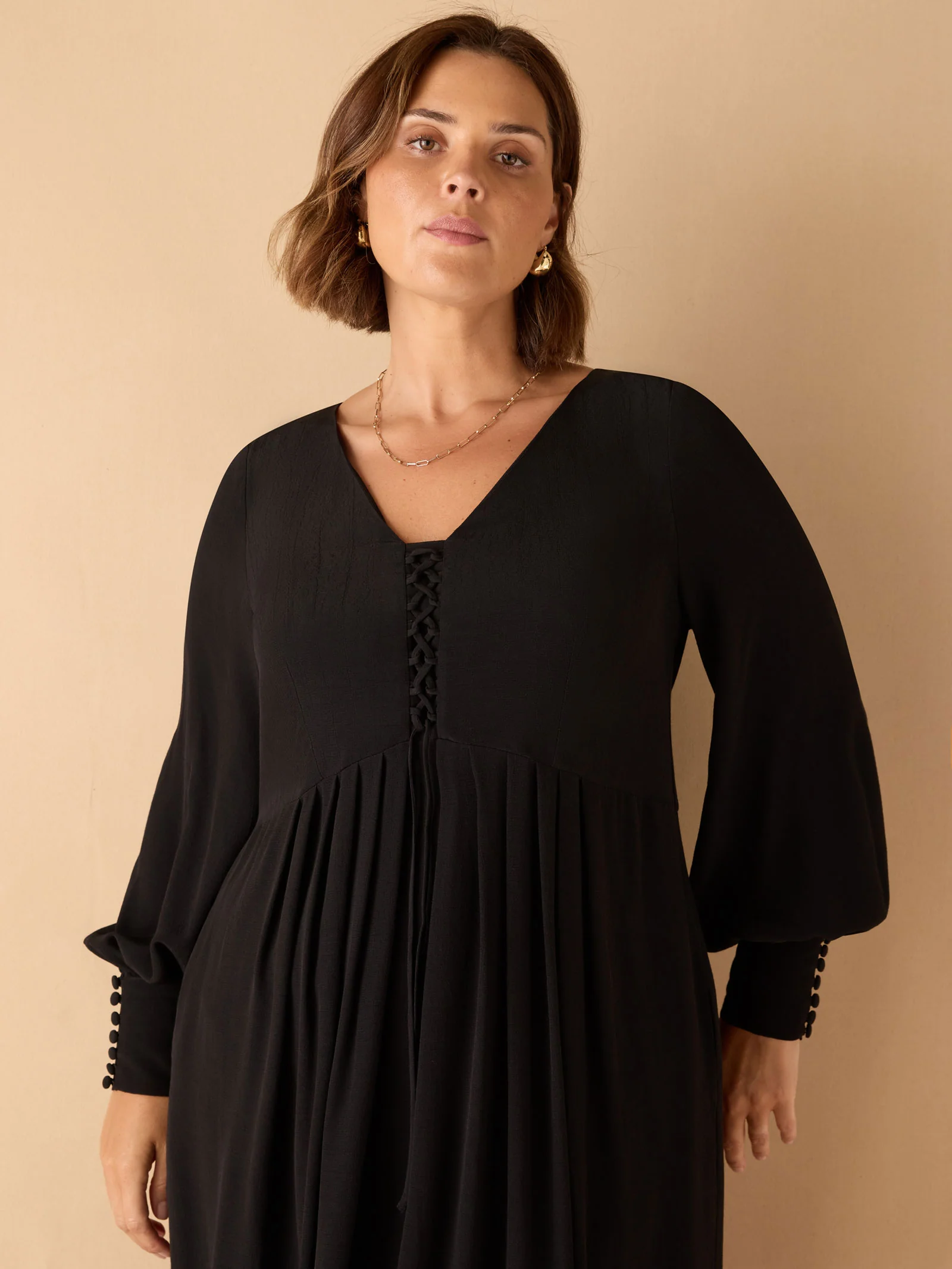 Black Lace Up Blouson Sleeve Midi Dress - Image 2