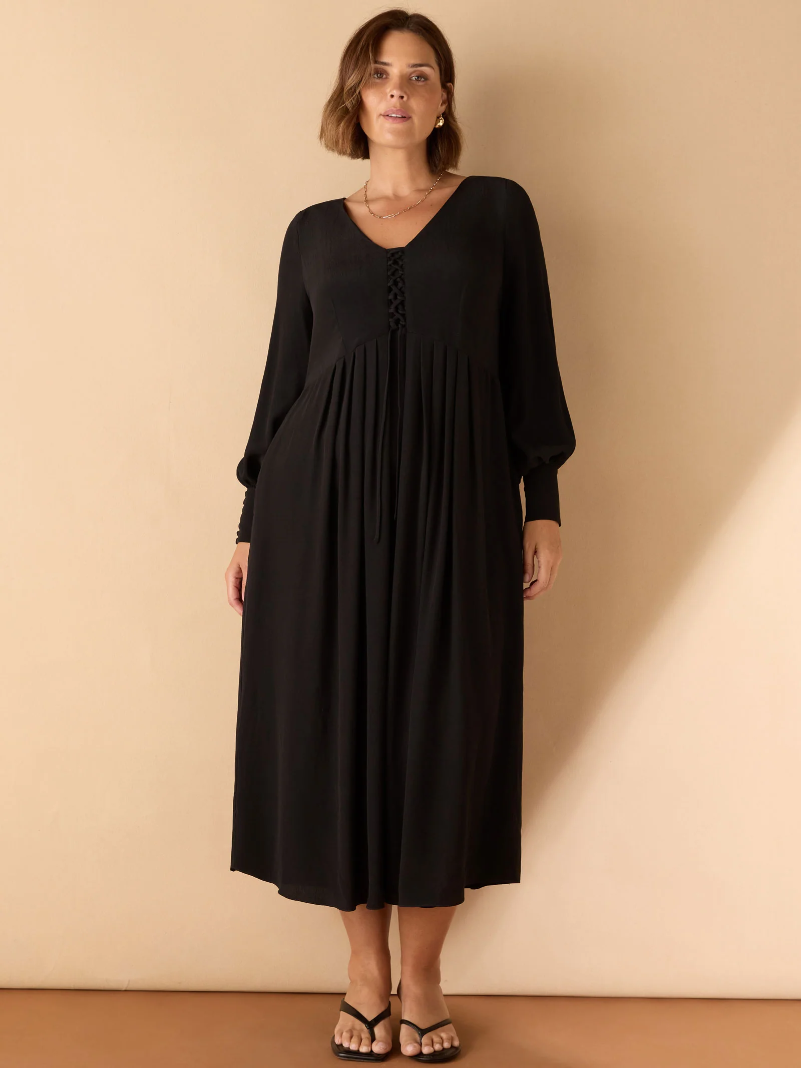Black Lace Up Blouson Sleeve Midi Dress - Image 3
