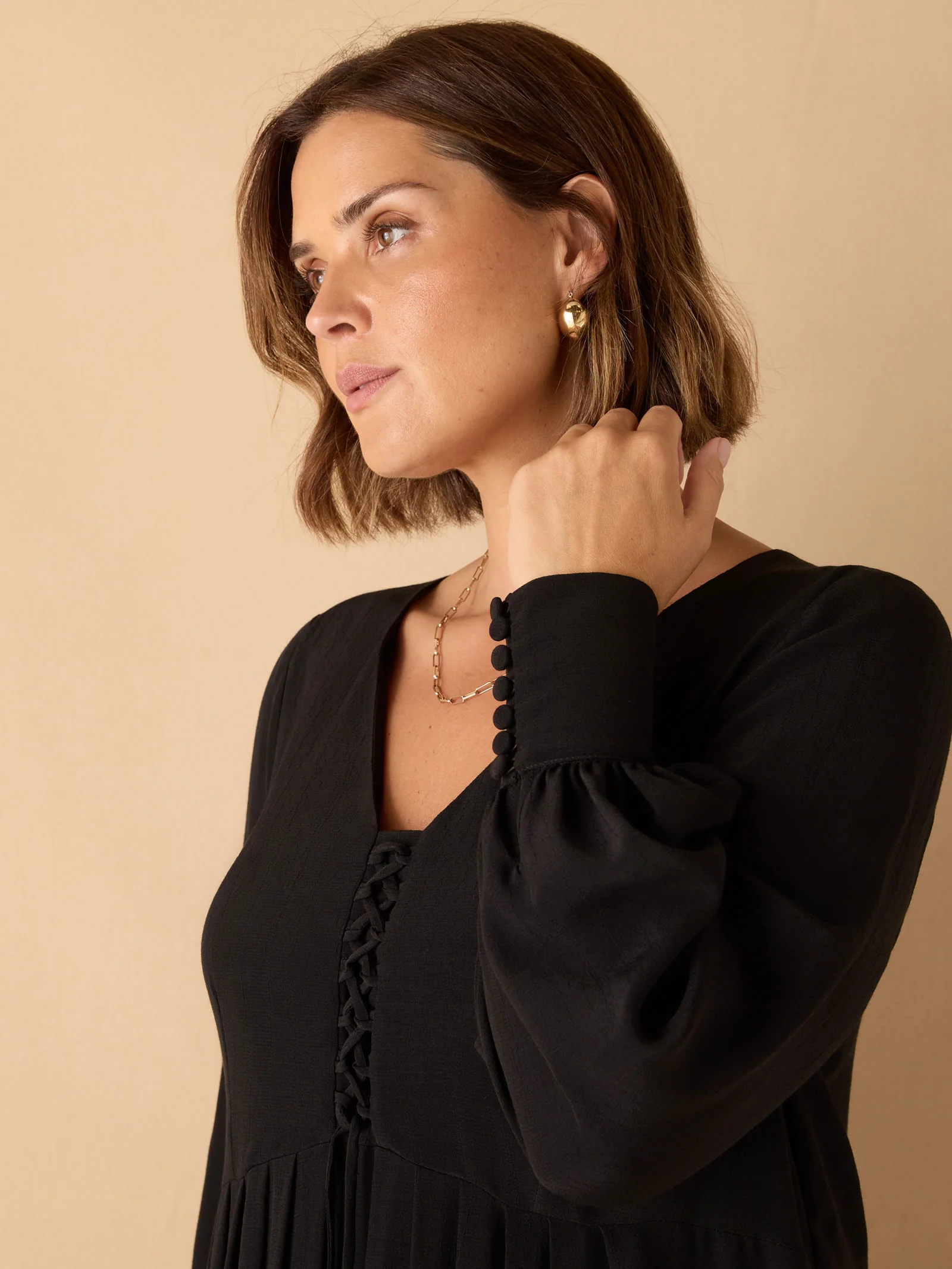 Black Lace Up Blouson Sleeve Midi Dress - Image 4