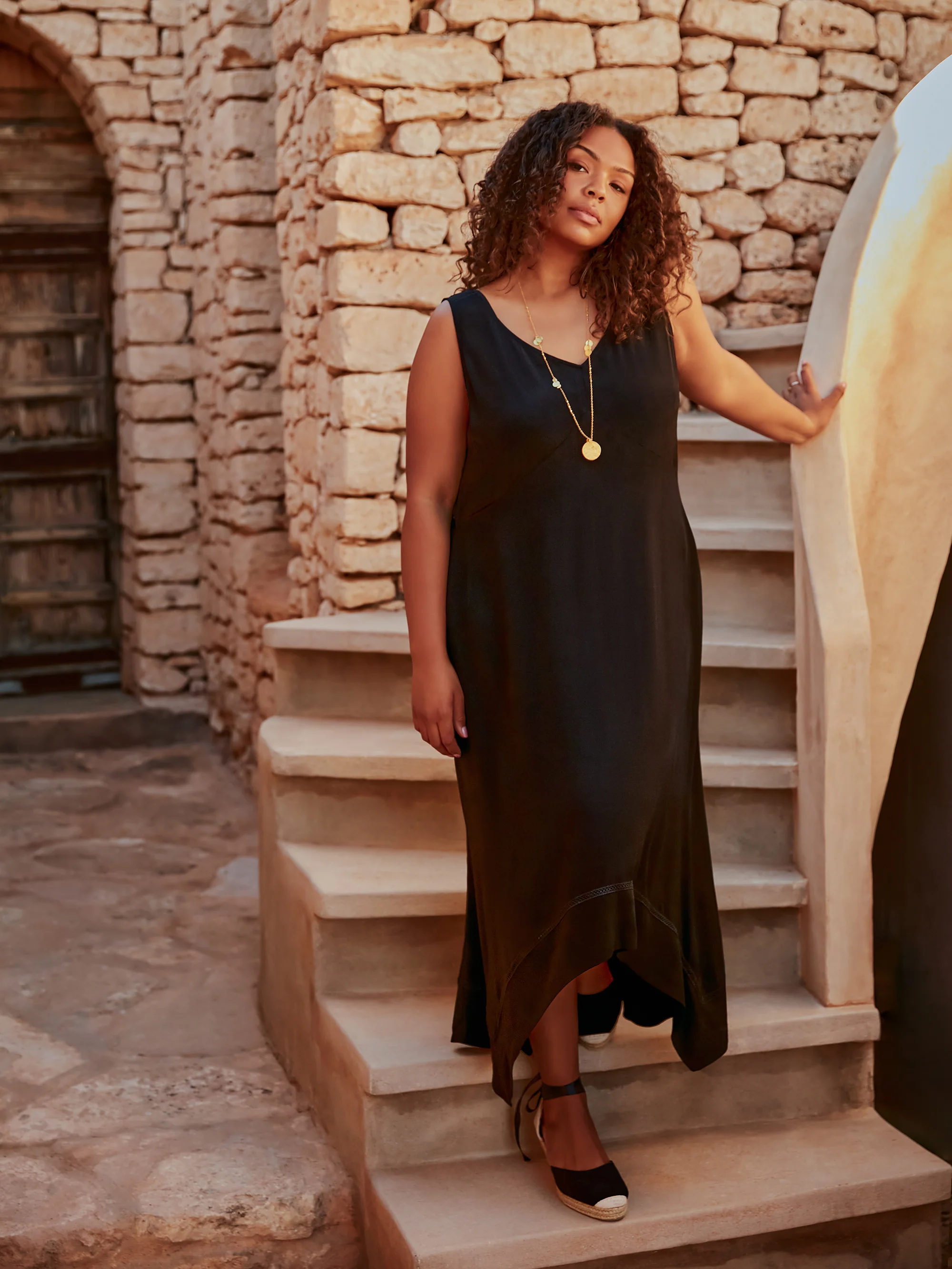 Black Ladder Trim Hanky Hem Midi Dress - Image 2