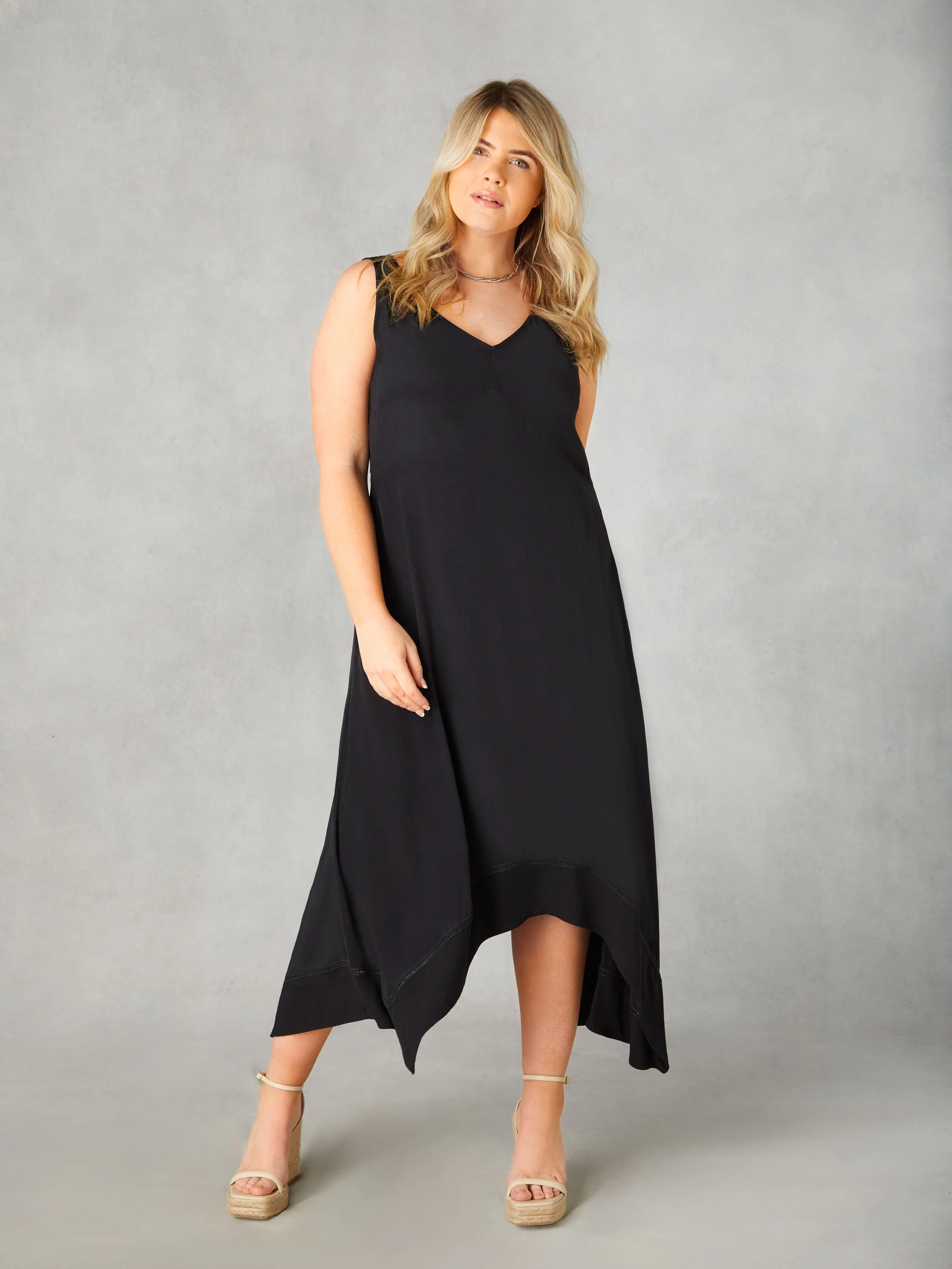Black Ladder Trim Hanky Hem Midi Dress - Image 3