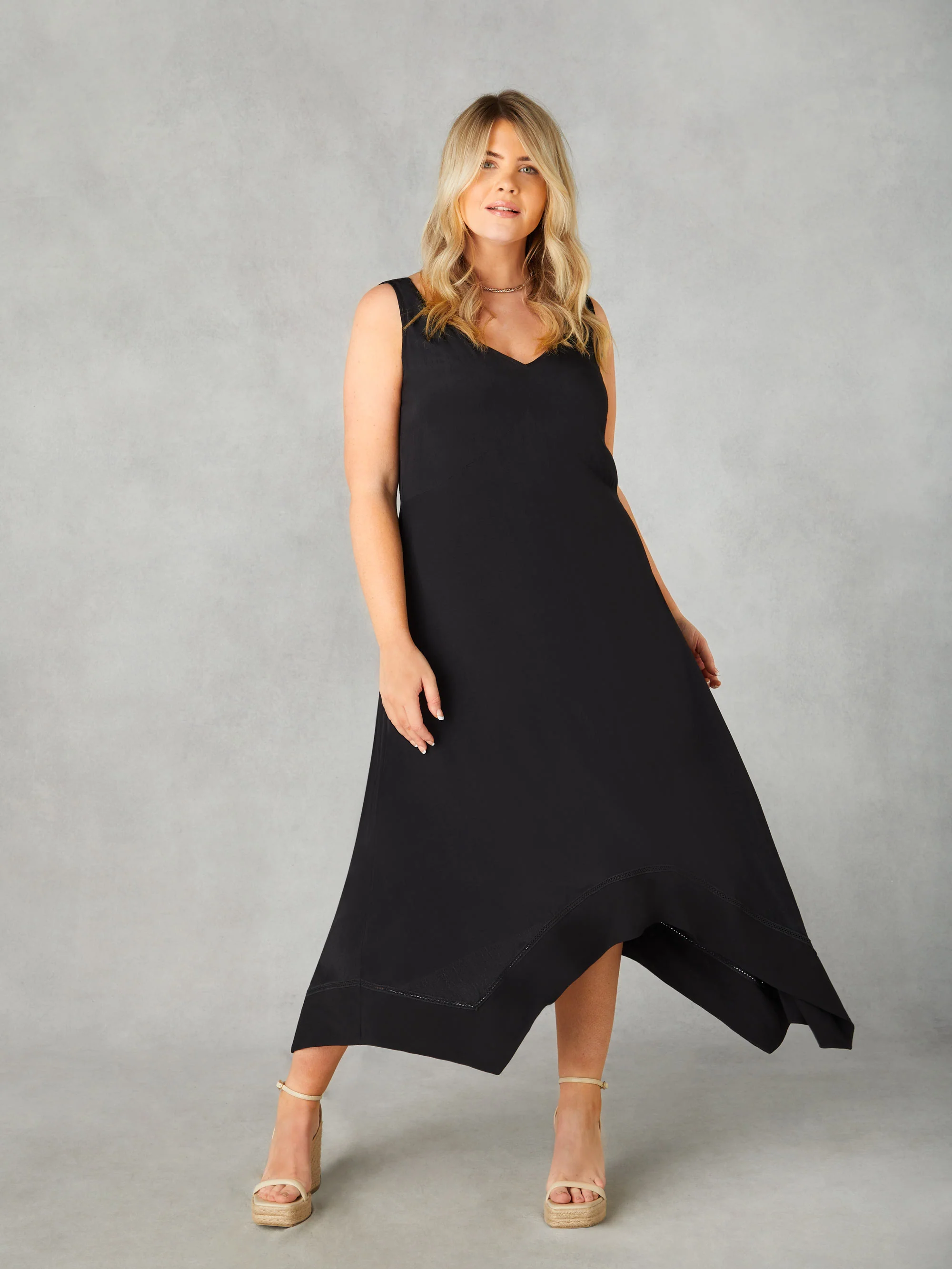 Black Ladder Trim Hanky Hem Midi Dress - Image 4