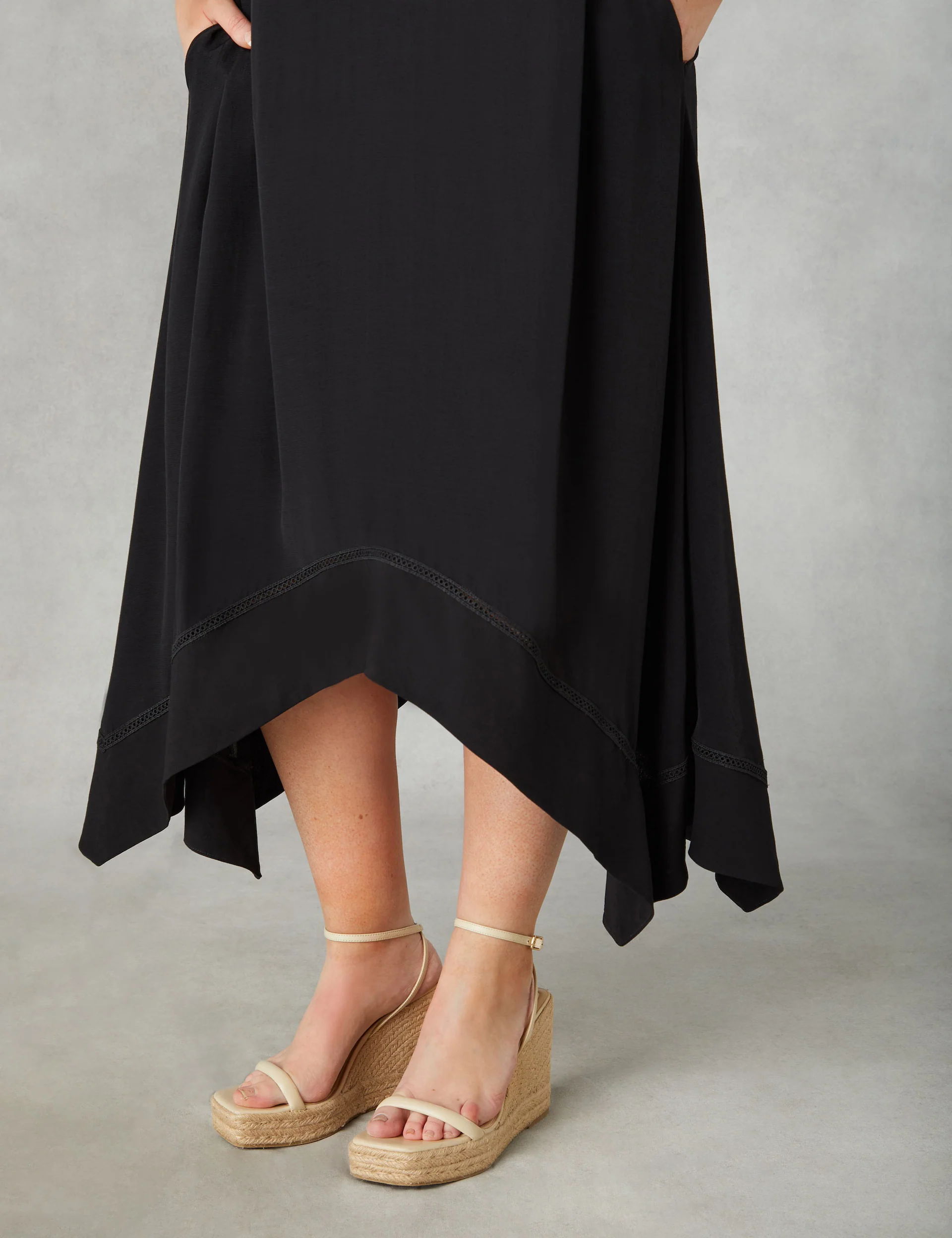 Black Ladder Trim Hanky Hem Midi Dress - Image 6