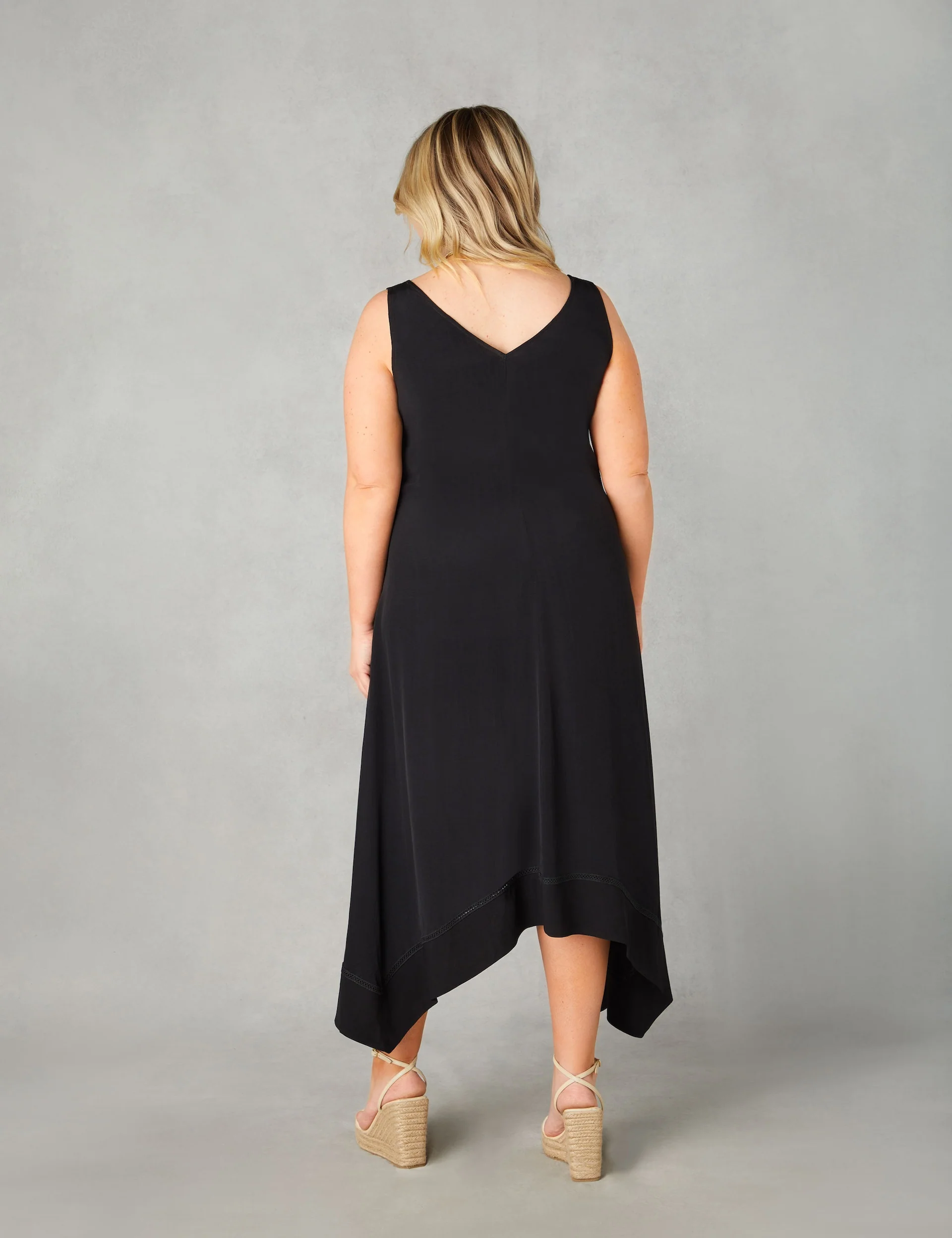 Black Ladder Trim Hanky Hem Midi Dress - Image 7