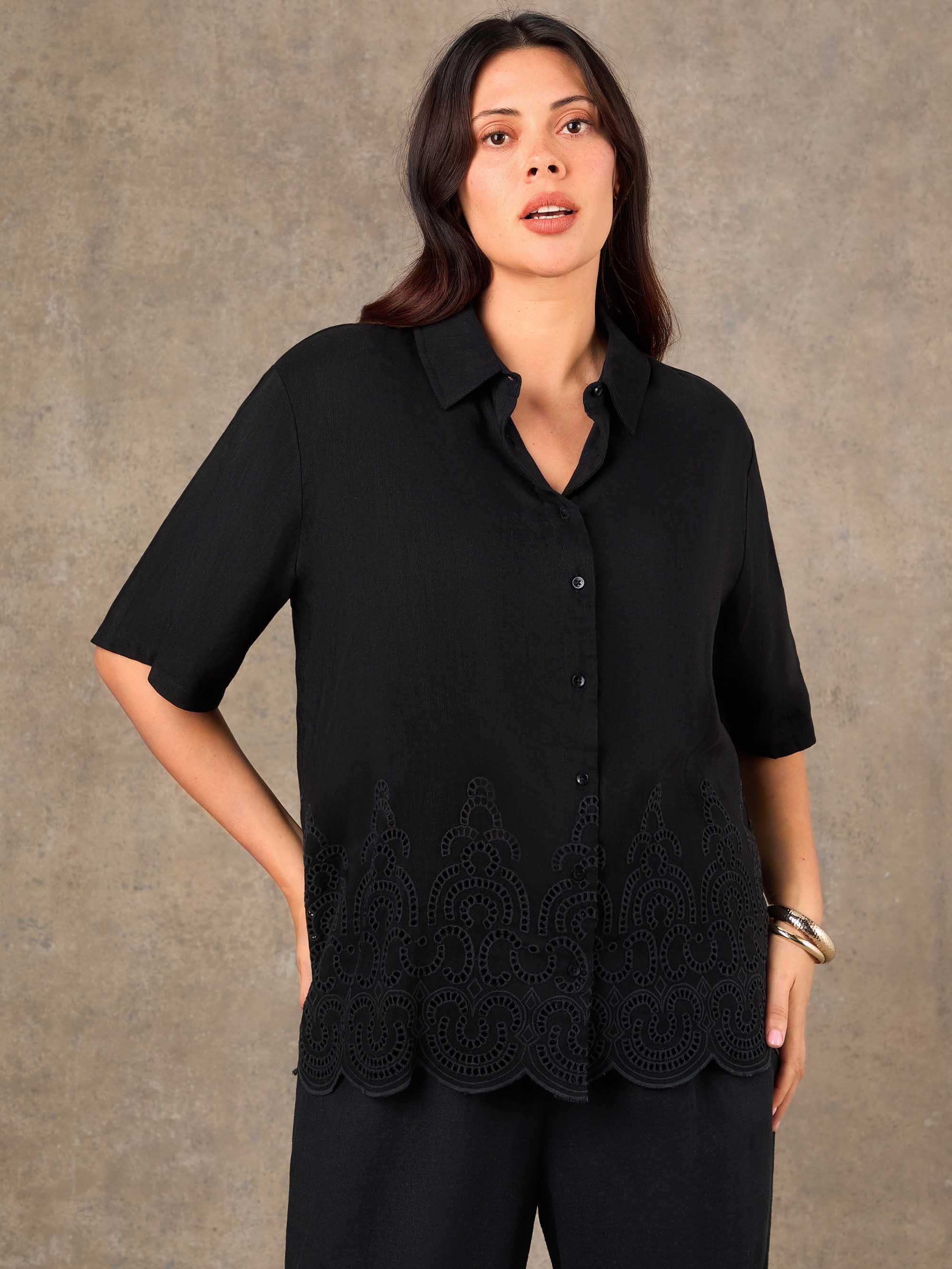 Black Linen Blend Broderie Shirt - Image 2