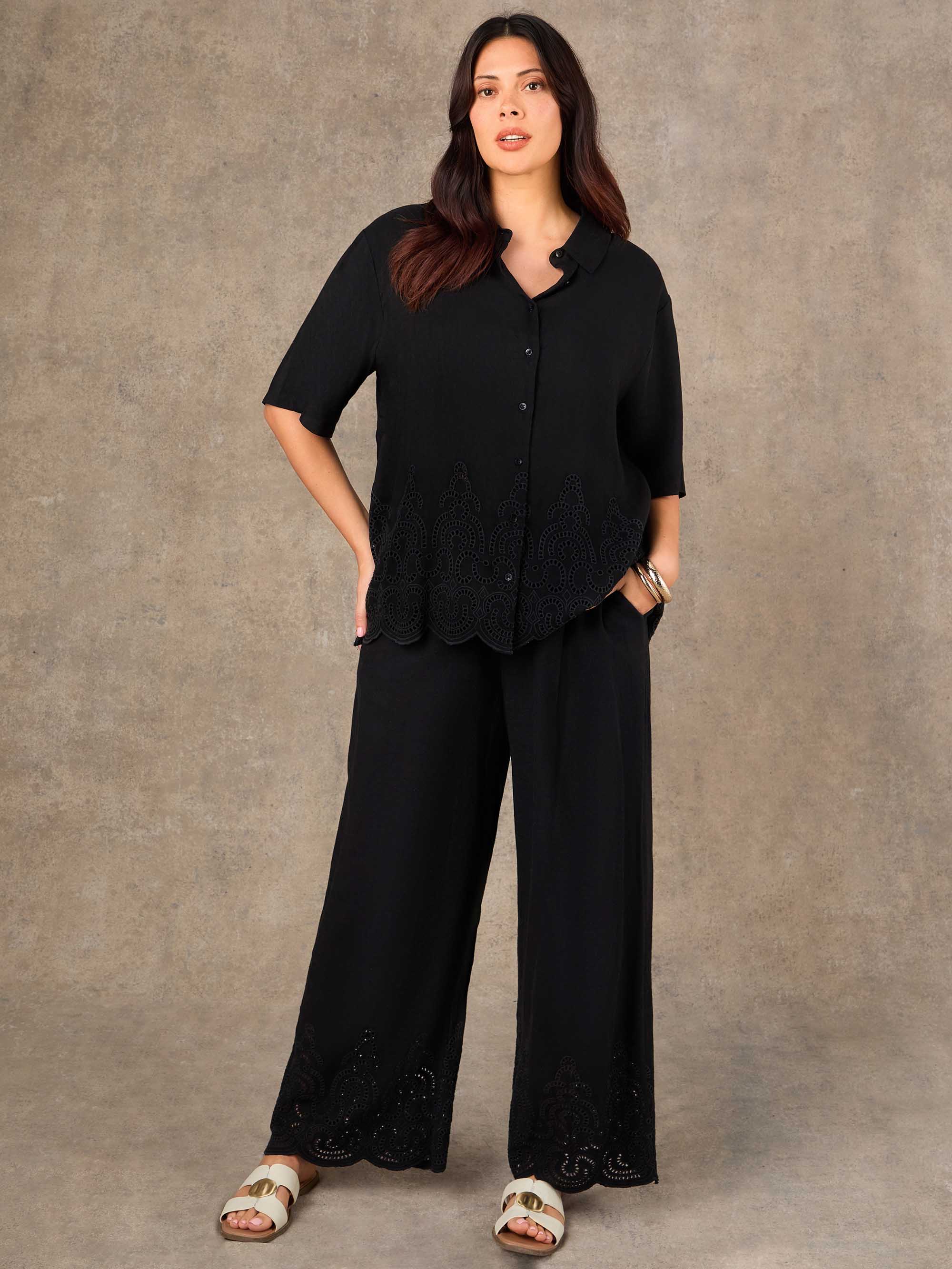 Black Linen Blend Broderie Shirt - Image 3