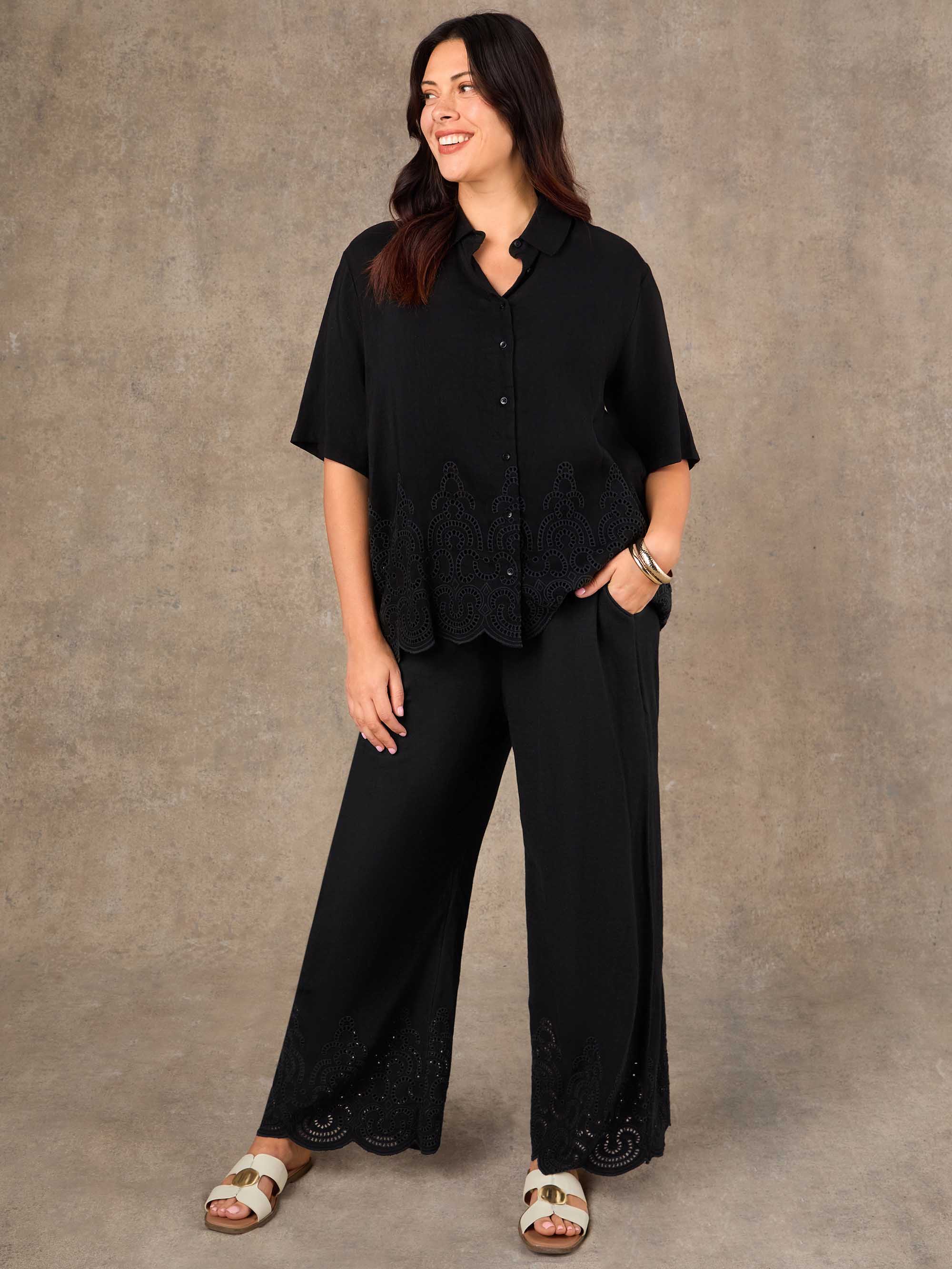 Black Linen Blend Broderie Shirt - Image 5