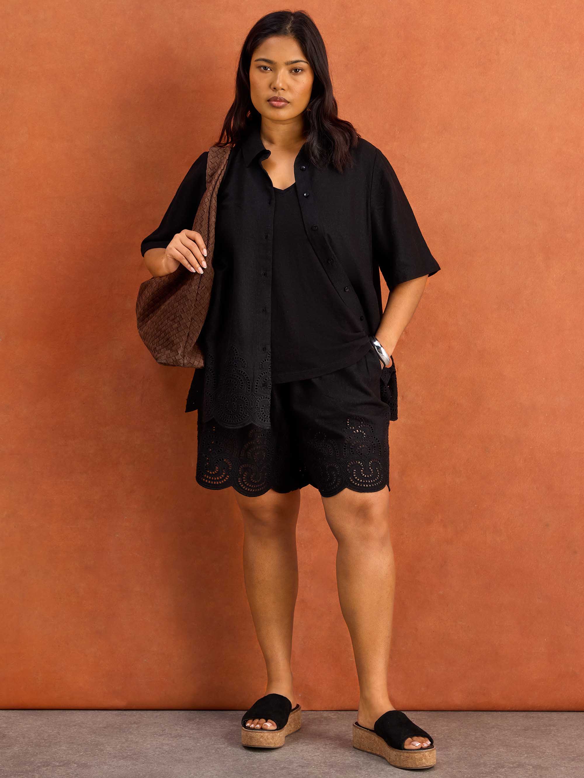 Black Linen Blend Broderie Shorts - Image 5