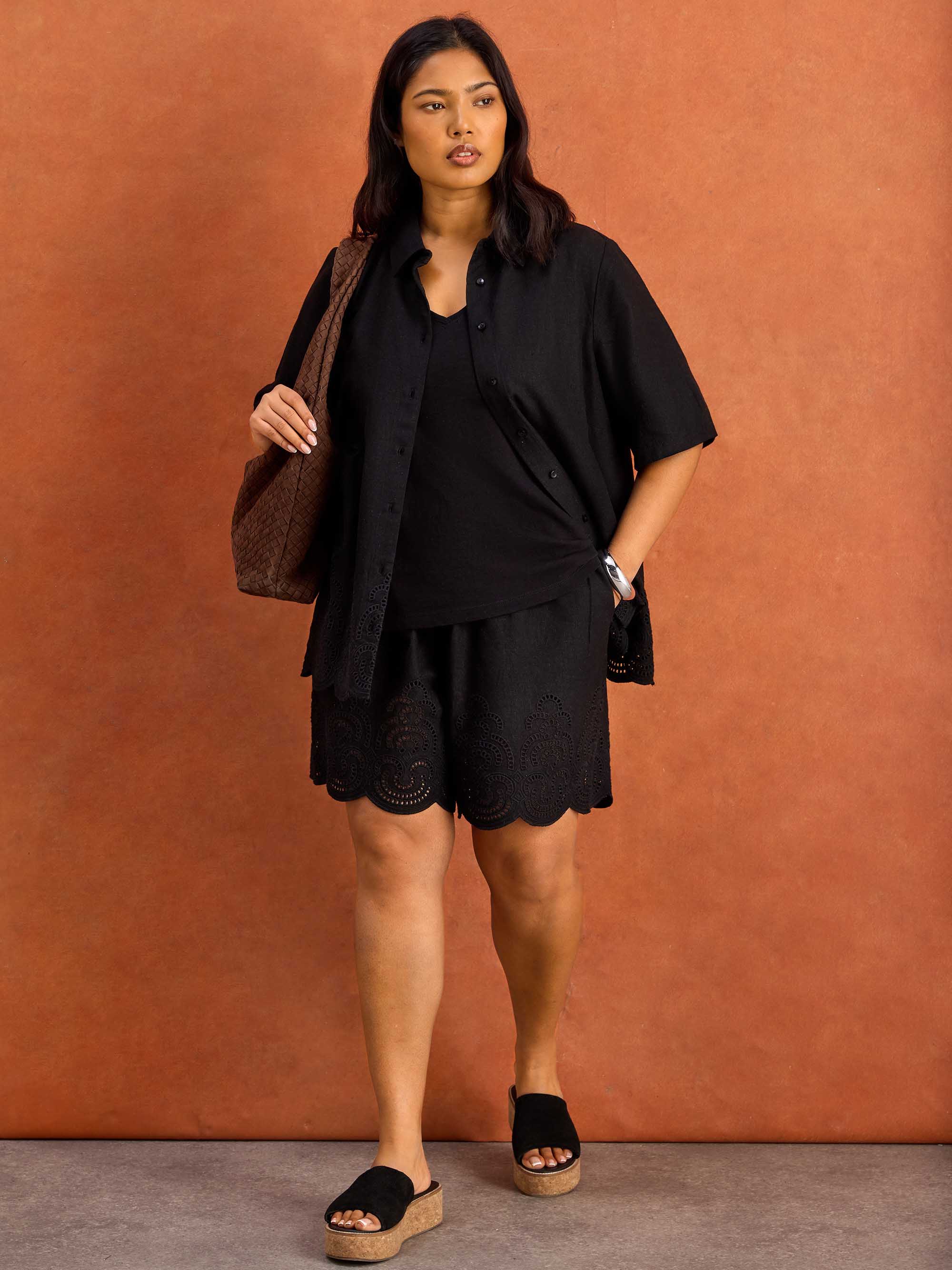 Black Linen Blend Broderie Shorts - Image 6