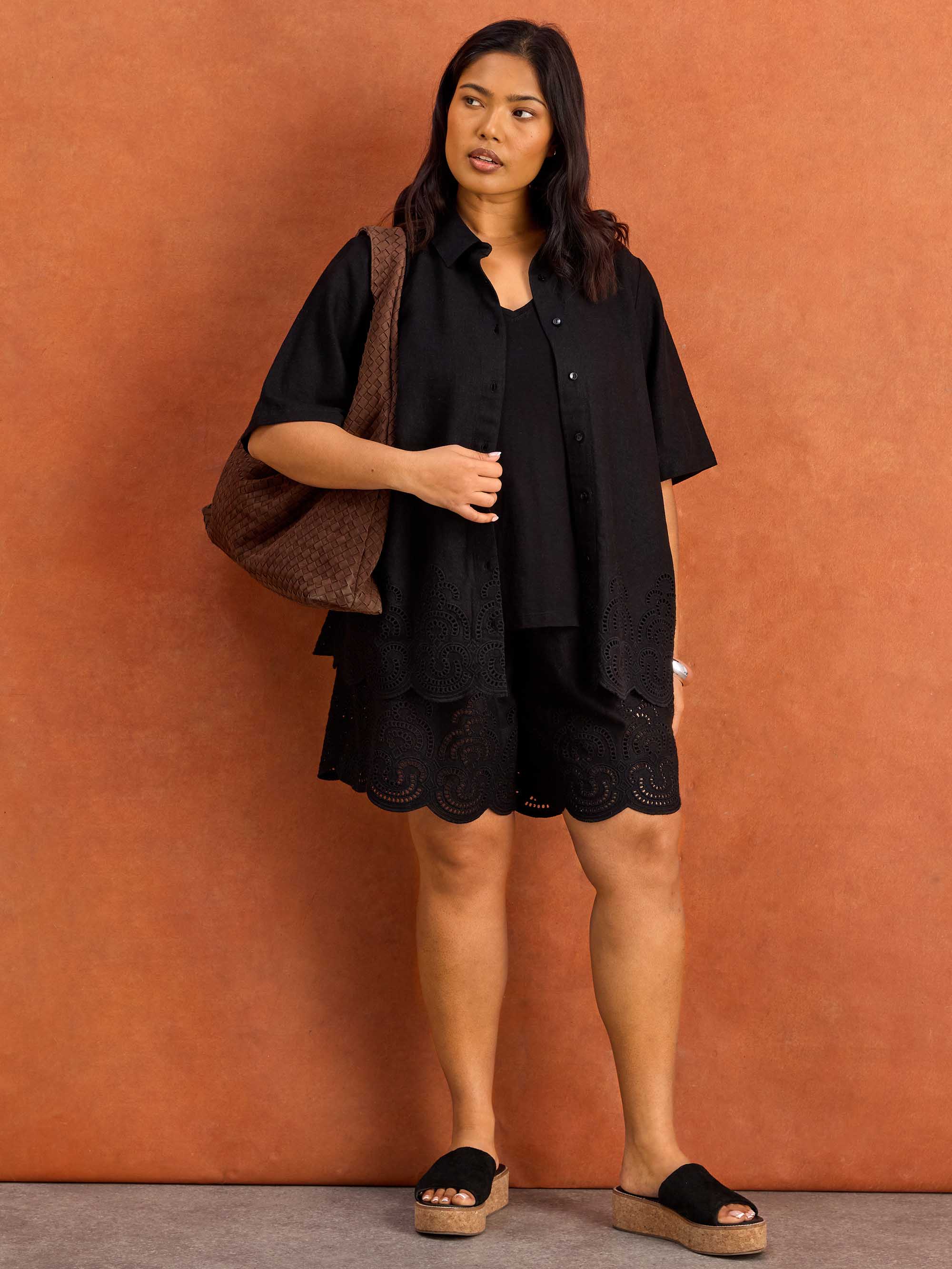 Black Linen Blend Broderie Shorts - Image 7