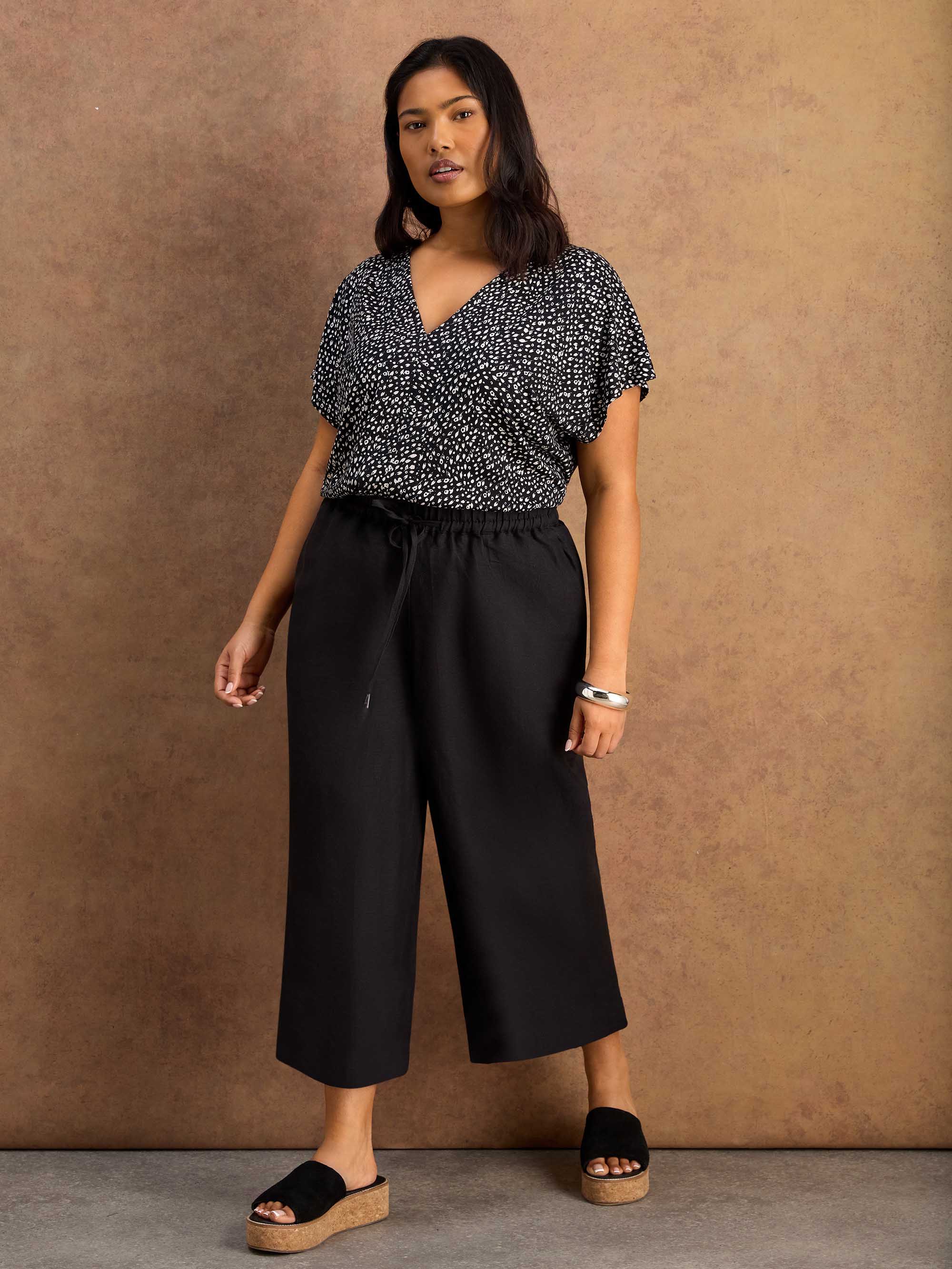 Black Linen Blend Drawstring Cropped Trousers - Image 2
