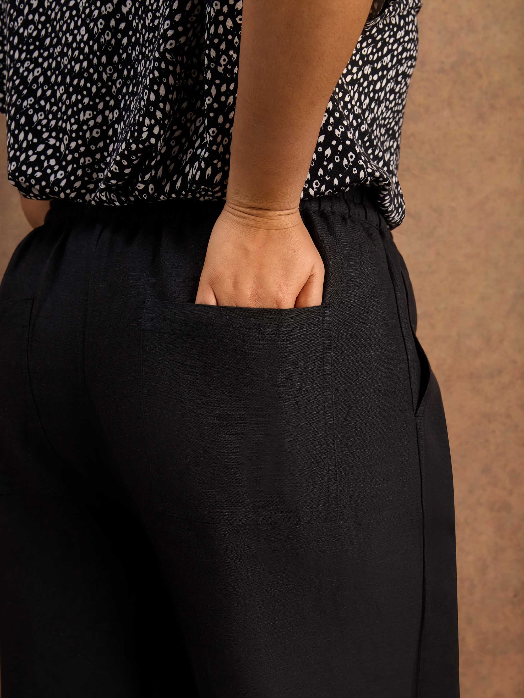 Black Linen Blend Drawstring Cropped Trousers - Image 3