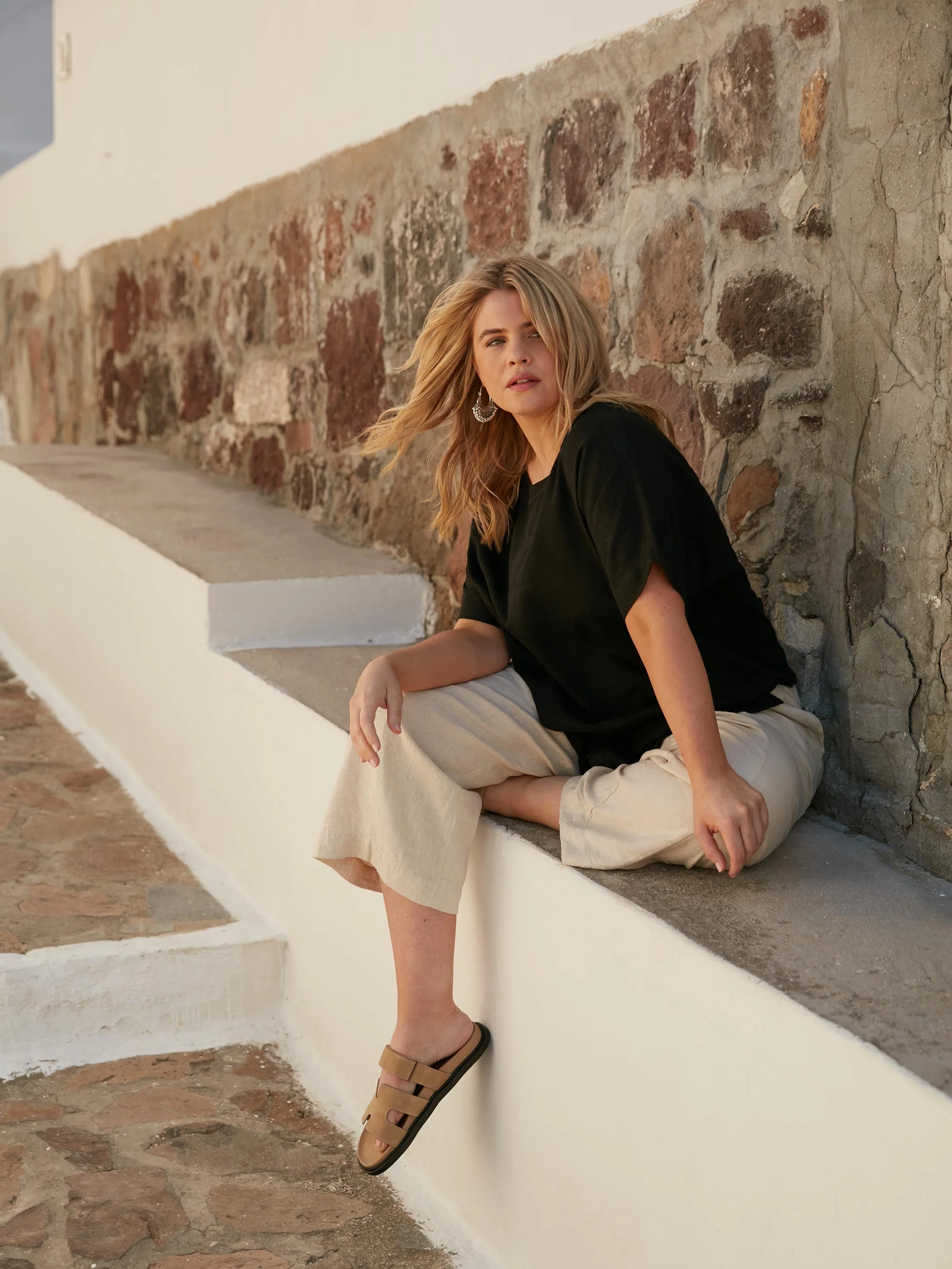 Black Linen Blend Round Neck Top - Image 2