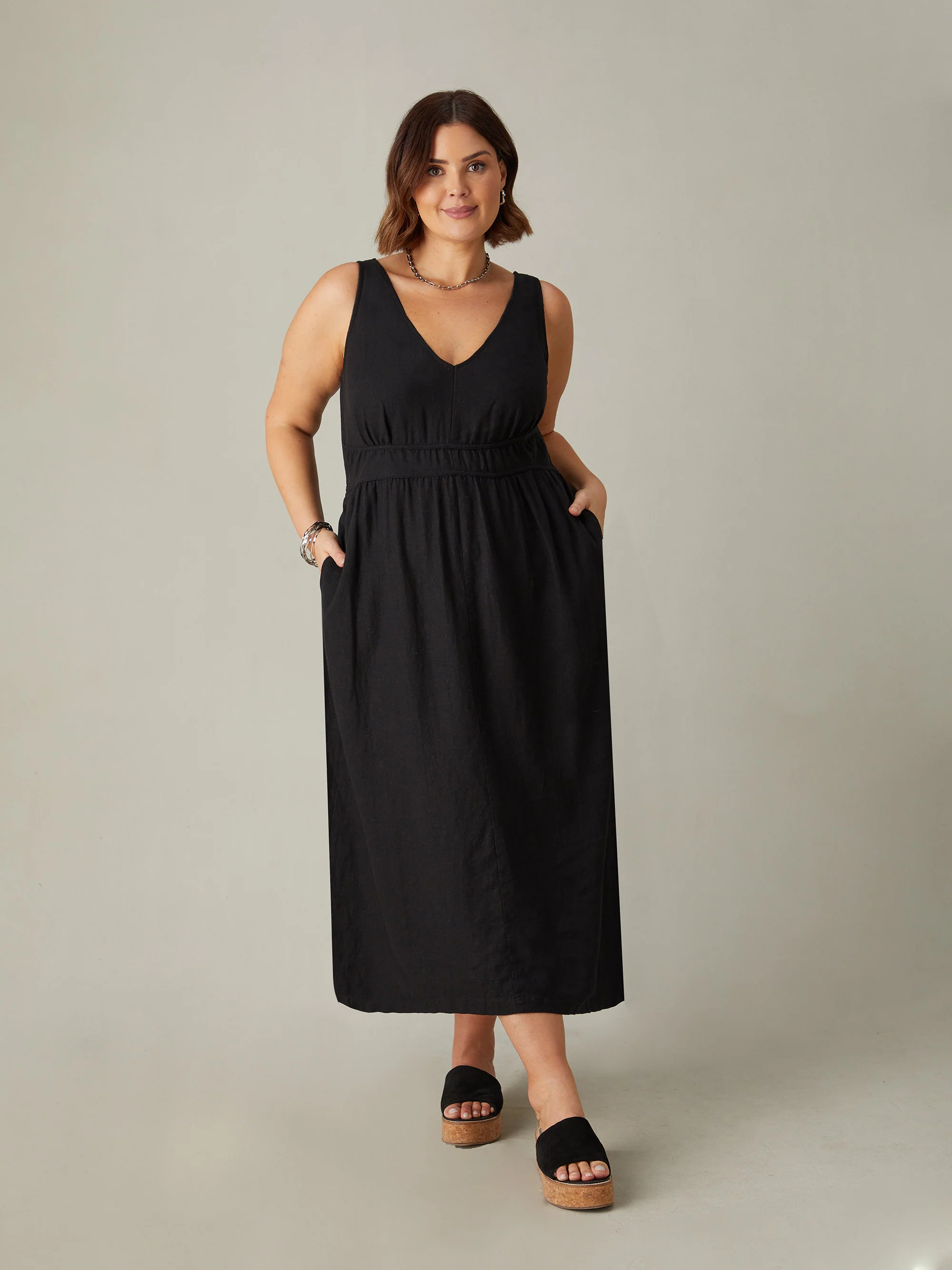 Black Linen Blend V-Neck Midi Dress - Image 2