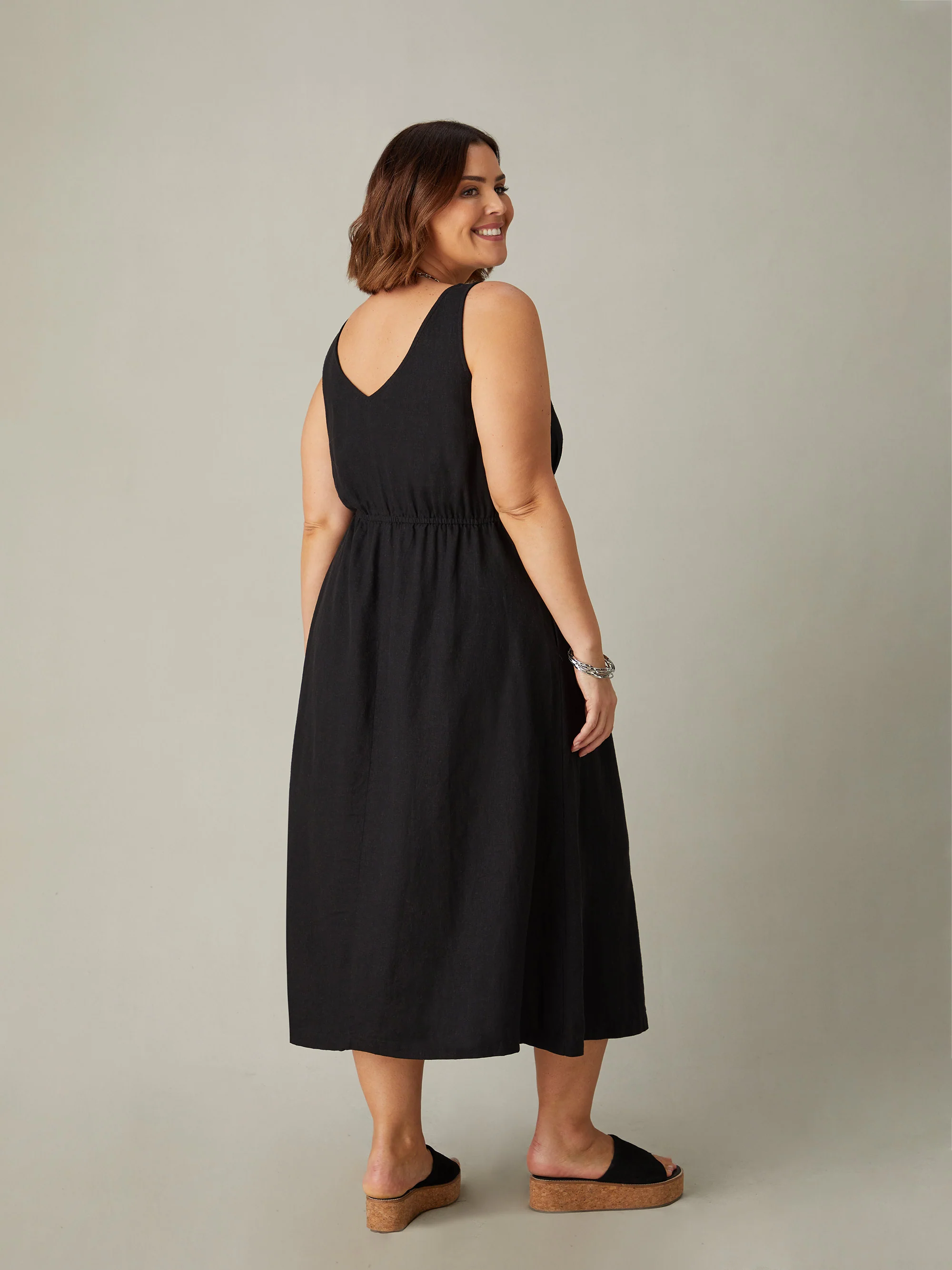 Black Linen Blend V-Neck Midi Dress - Image 4