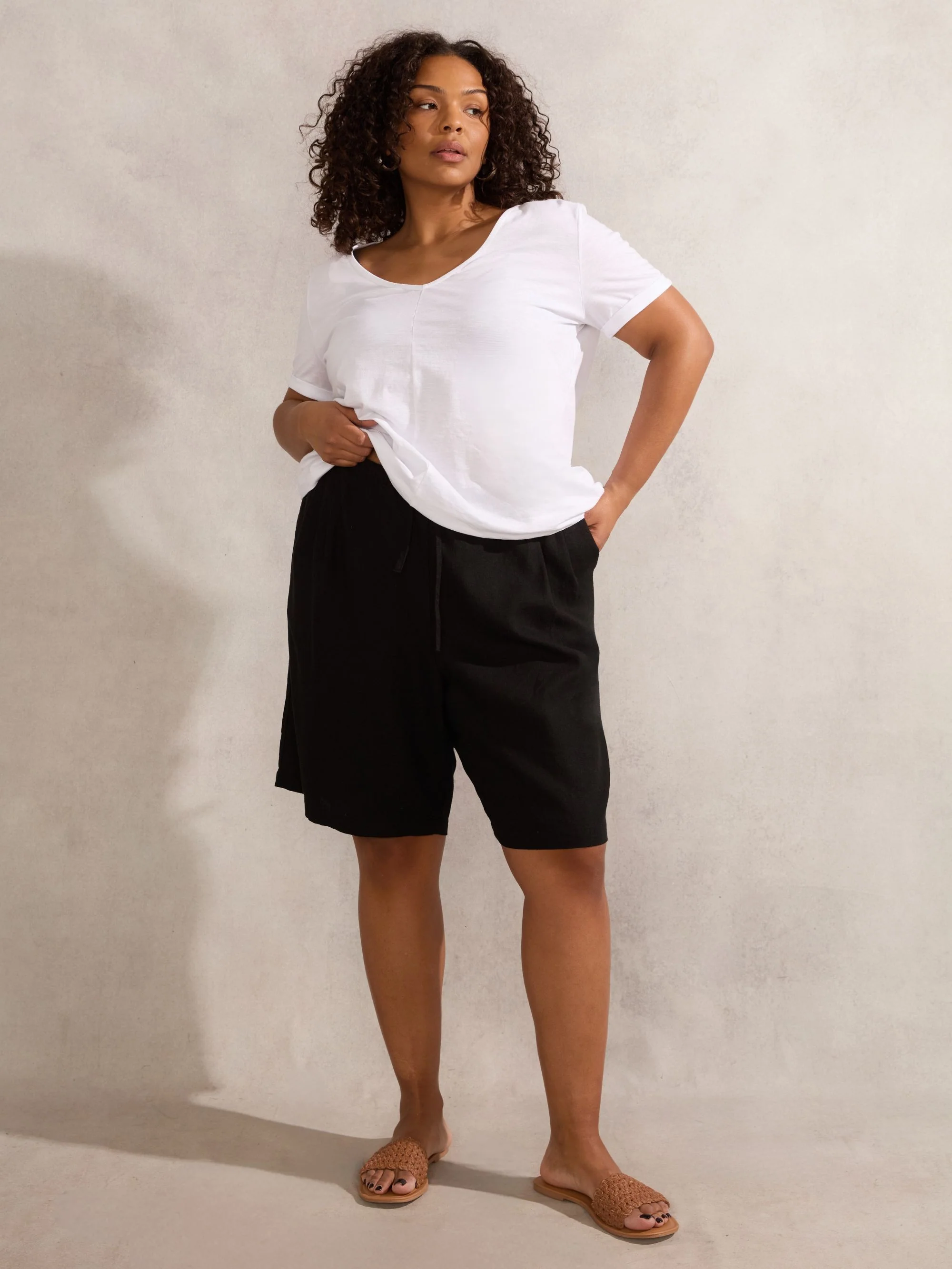 Black Linen Blend Drawstring Bermuda Shorts - Image 3