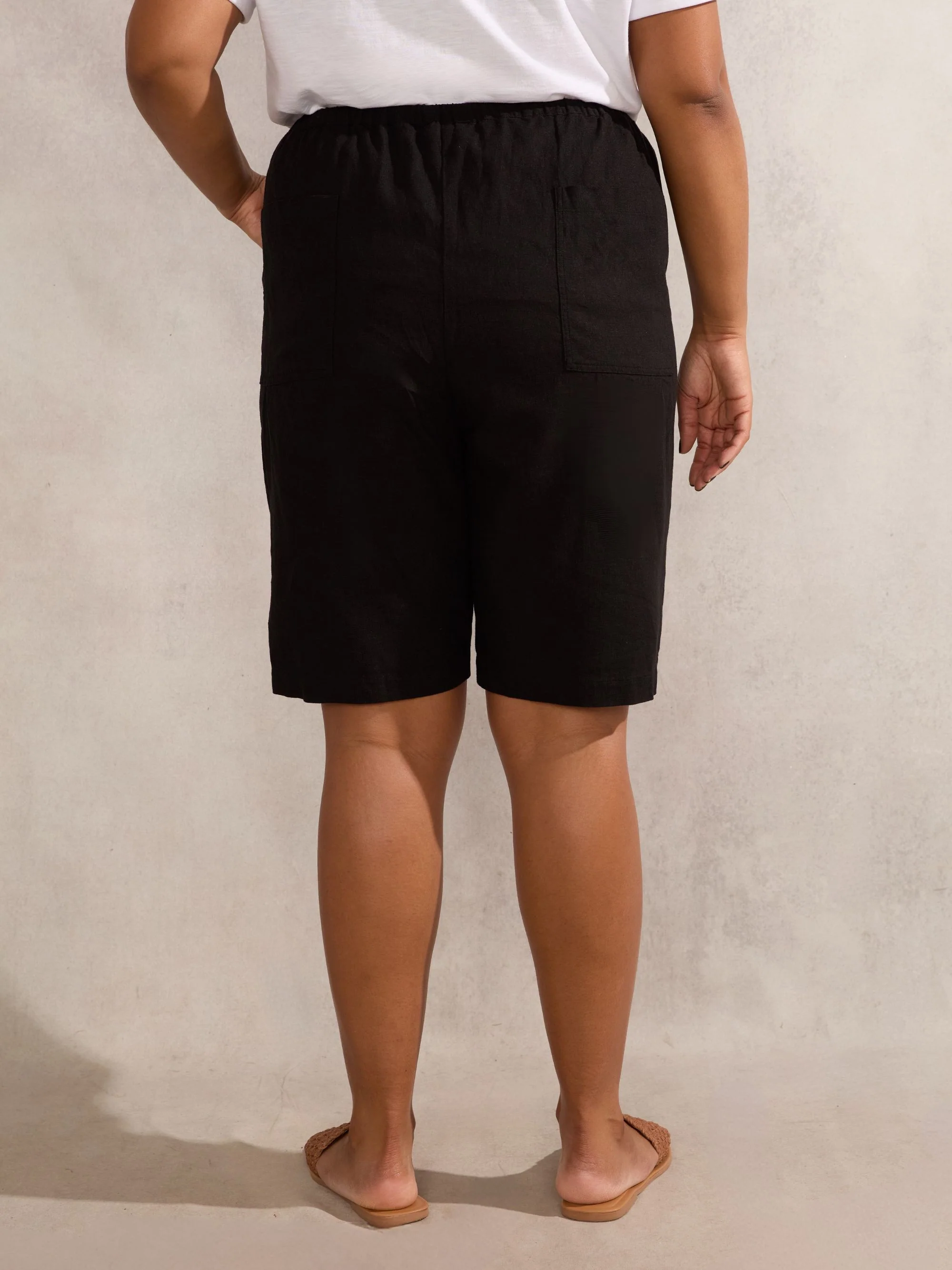 Black Linen Blend Drawstring Bermuda Shorts - Image 5