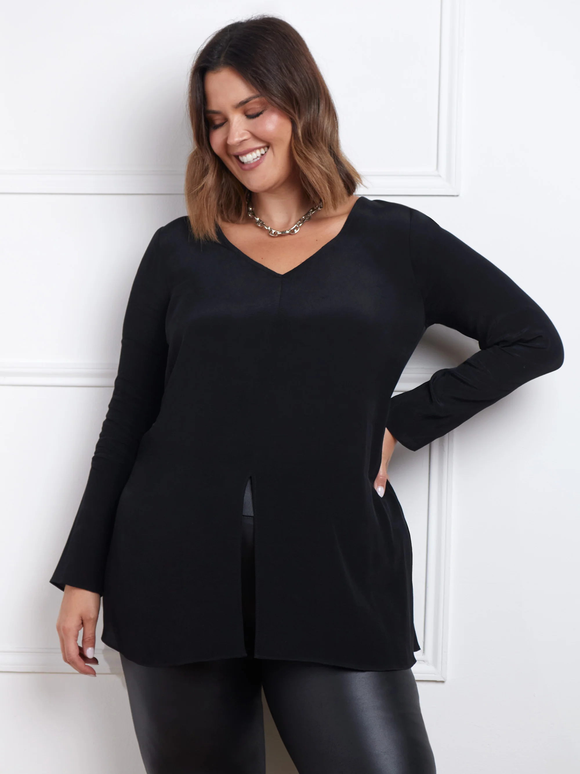 Black Long Sleeve Split Front Tunic - Image 2