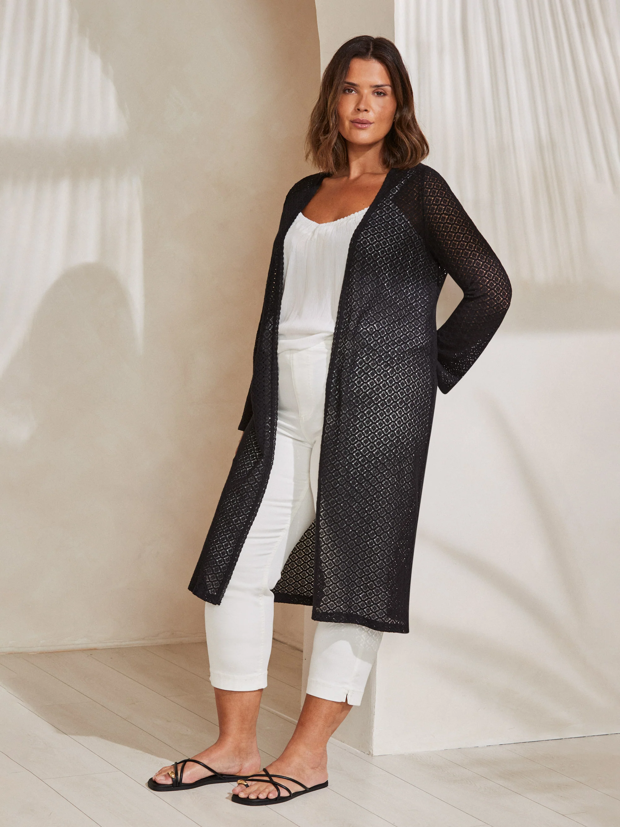 Black Longline Crochet Knit Cardigan - Image 2