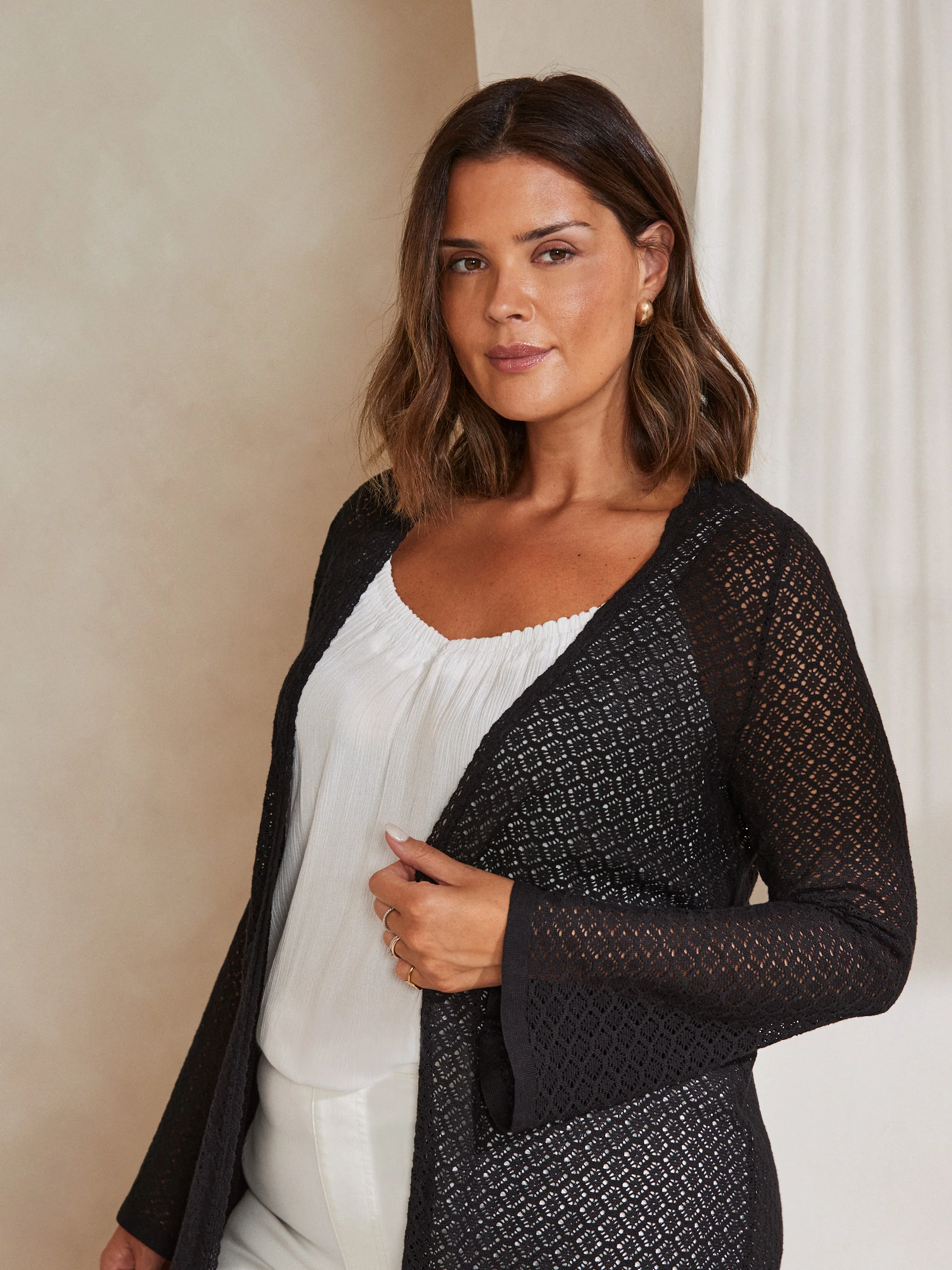 Black Longline Crochet Knit Cardigan - Image 3